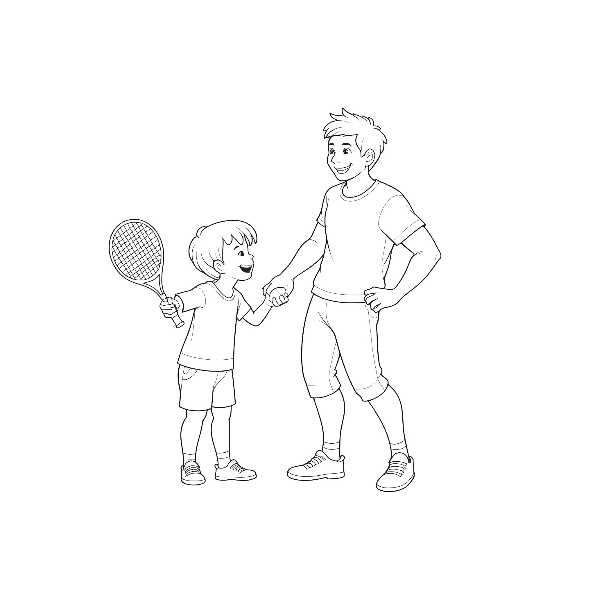 Boy and child playing tennis together happily Coloring Page (free black-and-white line drawing printable PDF for all, from beginners to advanced learners, including children, teens, adults, and seniors)