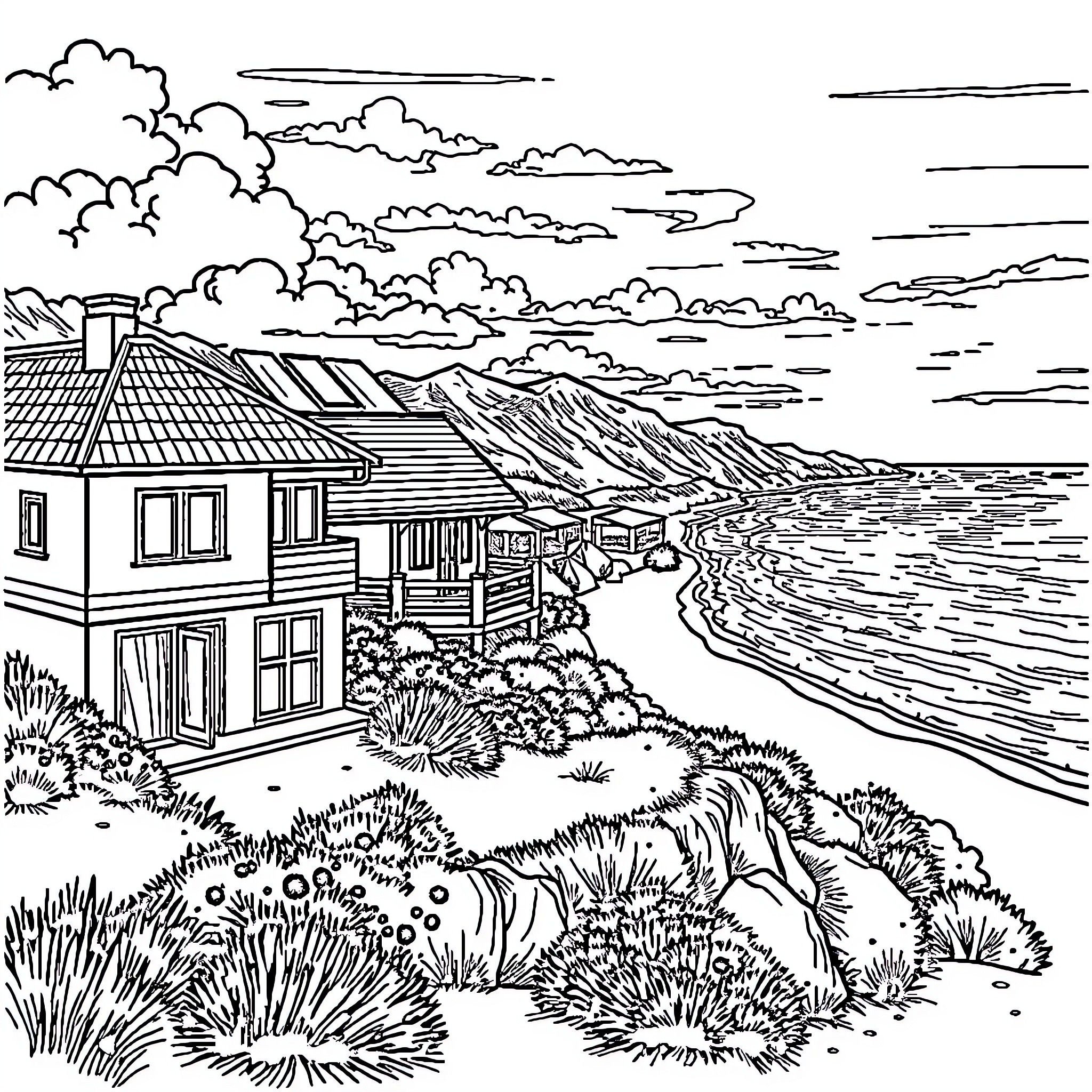 House by the Scenic Coastal Landscape Coloring Page (free black-and-white line drawing printable PDF for all, from beginners to advanced learners, including children, teens, adults, and seniors)