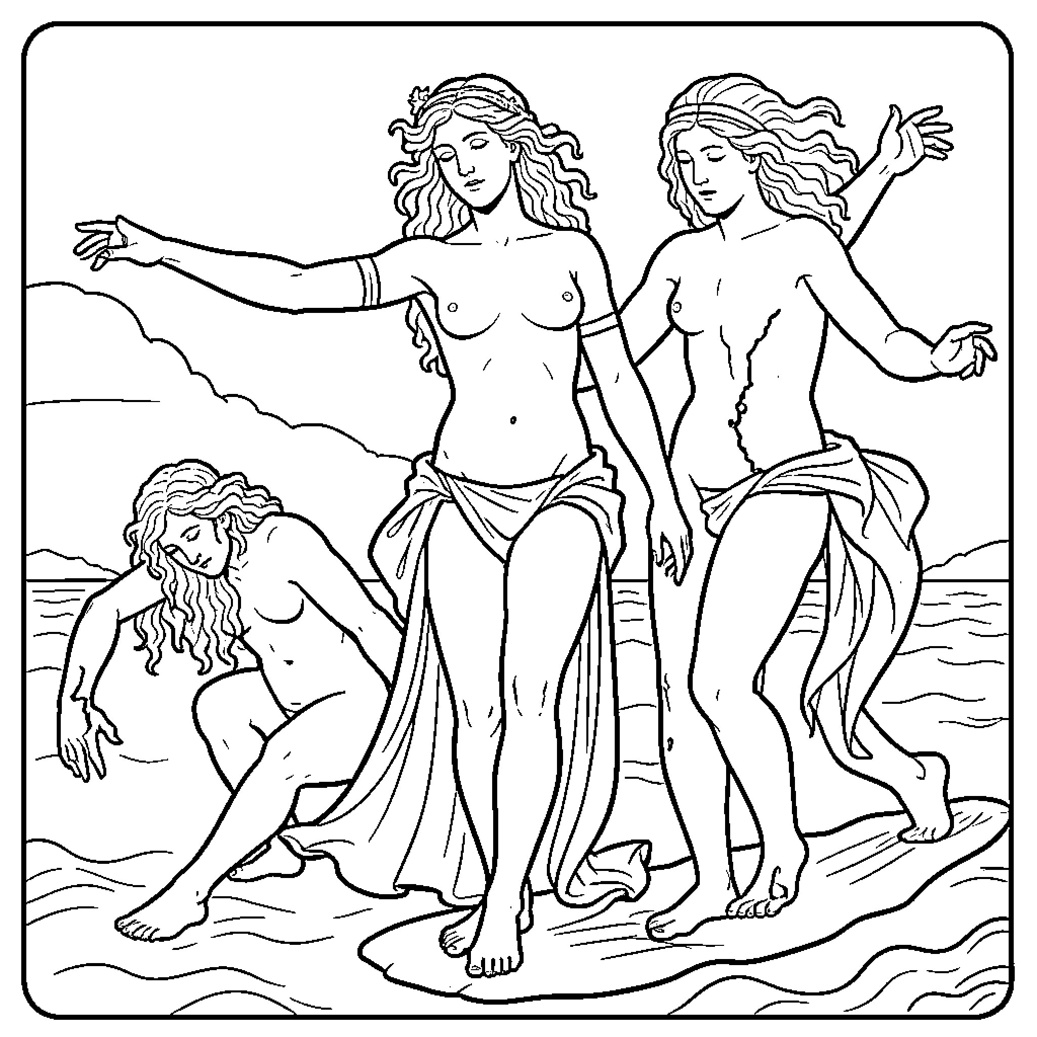 Art of three flowing goddesses in a coastal scene Coloring Page (free black-and-white line drawing printable PDF for all, from beginners to advanced learners, including children, teens, adults, and seniors)