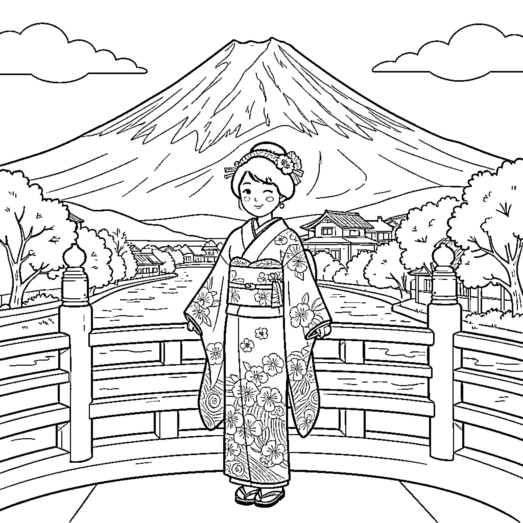 Japanese Woman in kimono standing on a traditional bridge Coloring Page (free black-and-white line drawing printable PDF for all, from beginners to advanced learners, including children, teens, adults, and seniors)