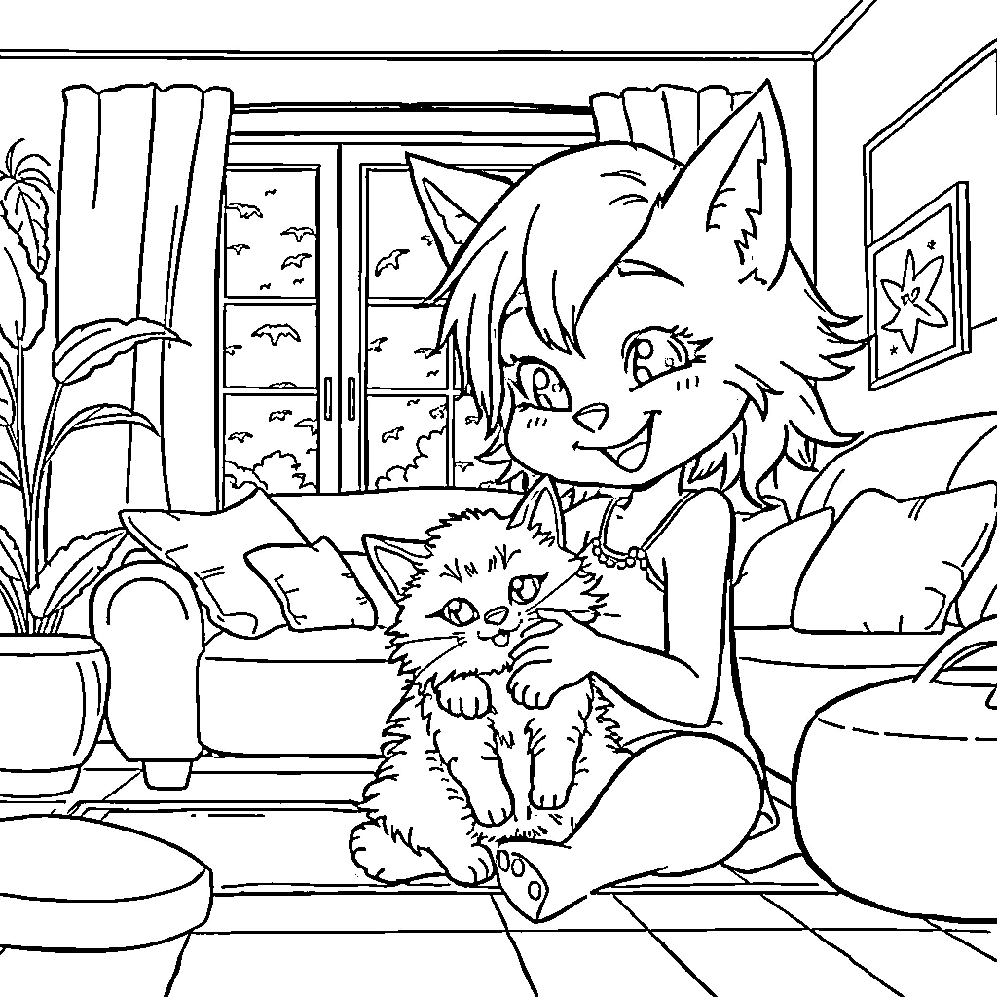 Jynx's Cozy Home with Furry Friends Coloring Page (free black-and-white line drawing printable PDF for all, from beginners to advanced learners, including children, teens, adults, and seniors)