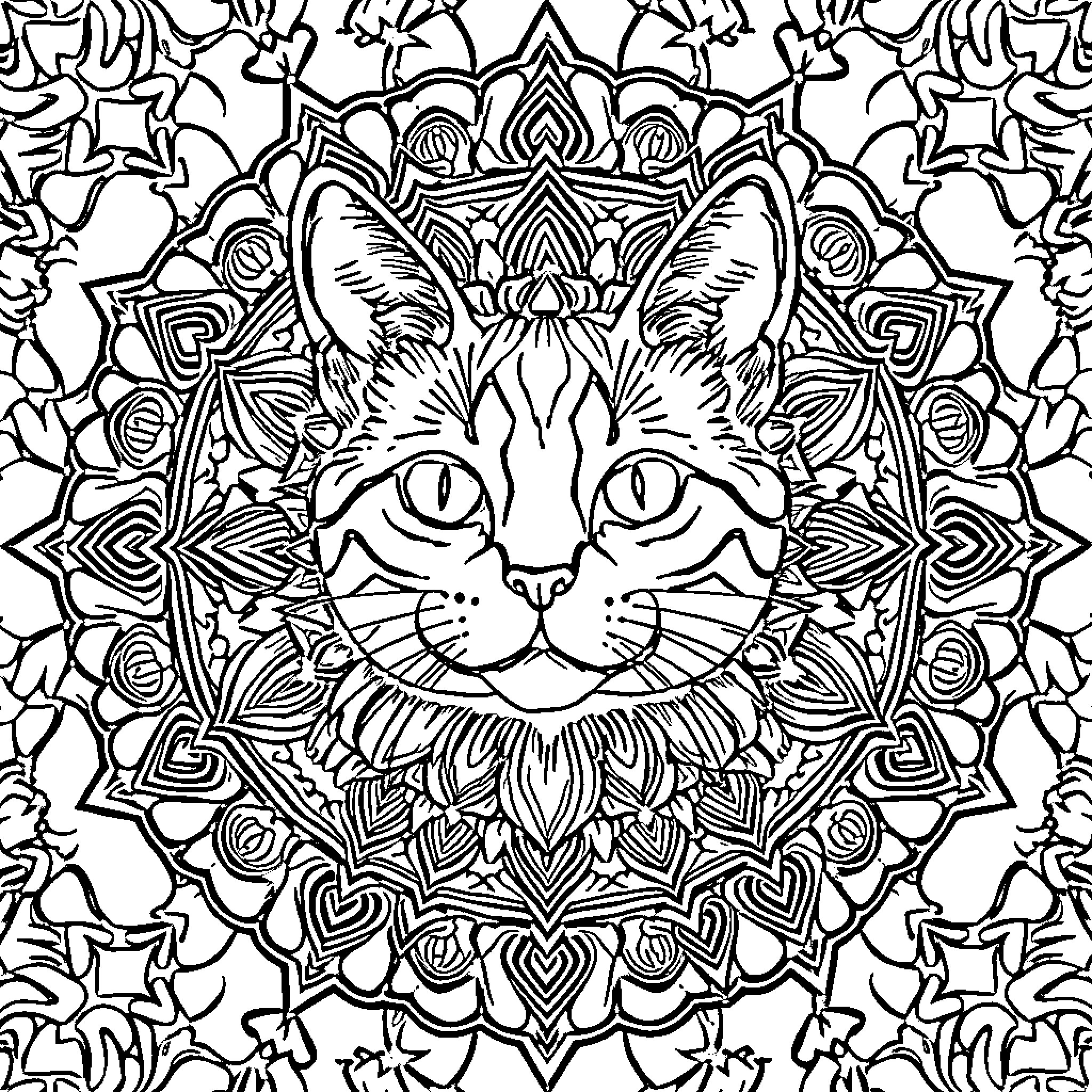 Cat in Ornate Mandala Frame Coloring Page (free black-and-white line drawing printable PDF for all, from beginners to advanced learners, including children, teens, adults, and seniors)