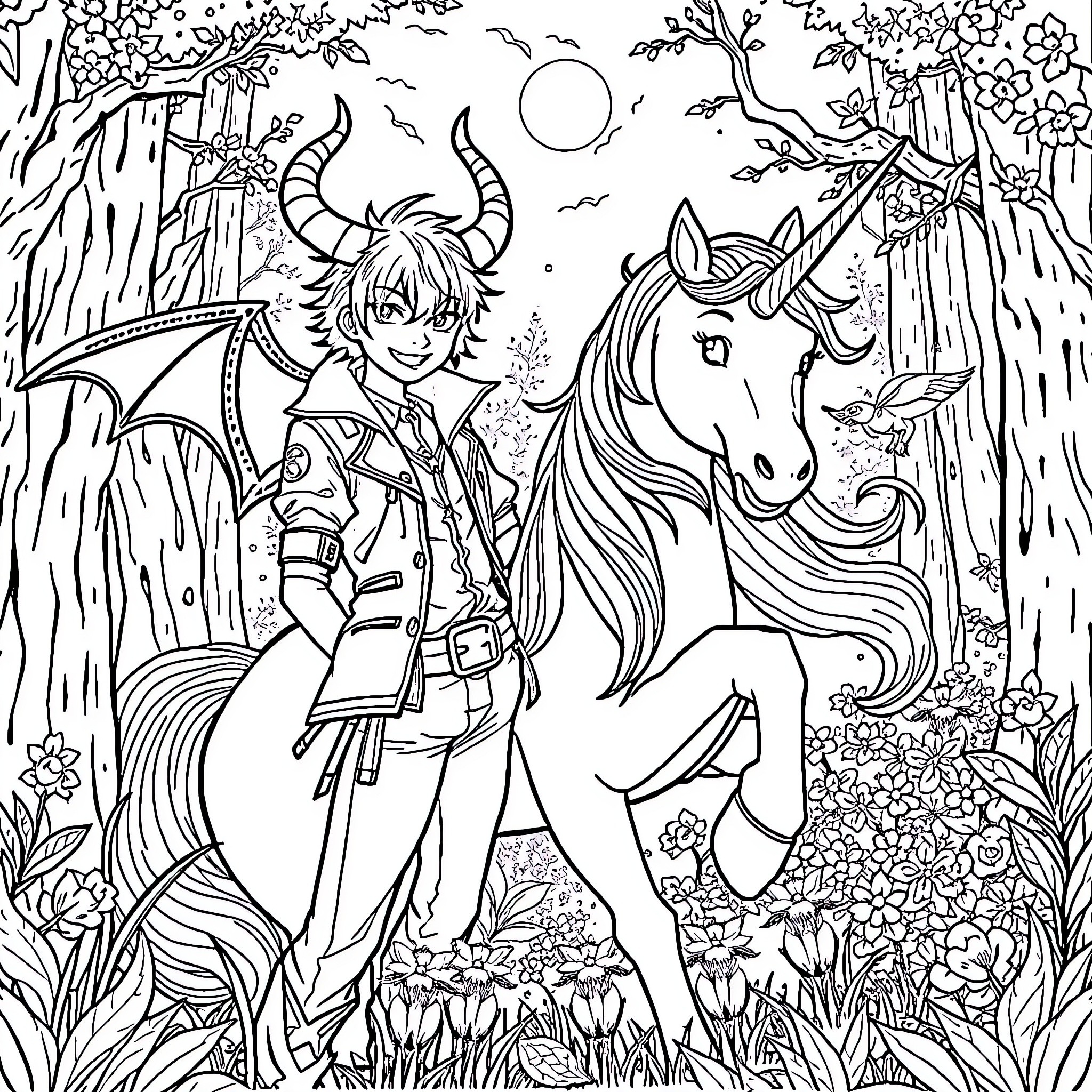 Kpop Anime Boy with Demon Horns and Unicorn in Fantasy Forest Coloring Page (free black-and-white line drawing printable PDF for all, from beginners to advanced learners, including children, teens, adults, and seniors)
