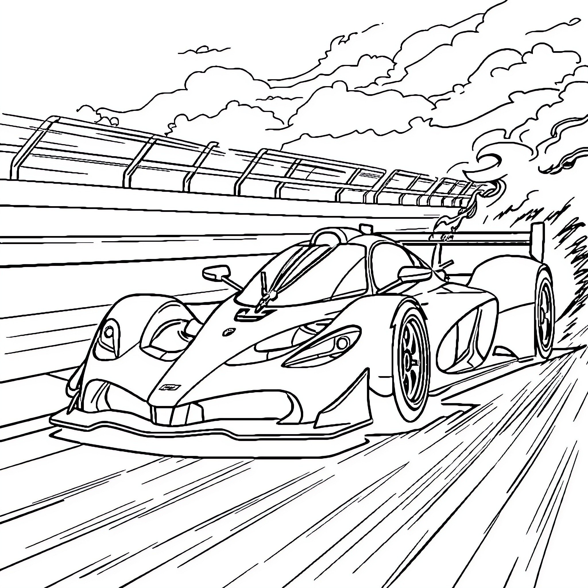 Maclaren F1 race car speeding on the track Coloring Page (free black-and-white line drawing printable PDF for all, from beginners to advanced learners, including children, teens, adults, and seniors)