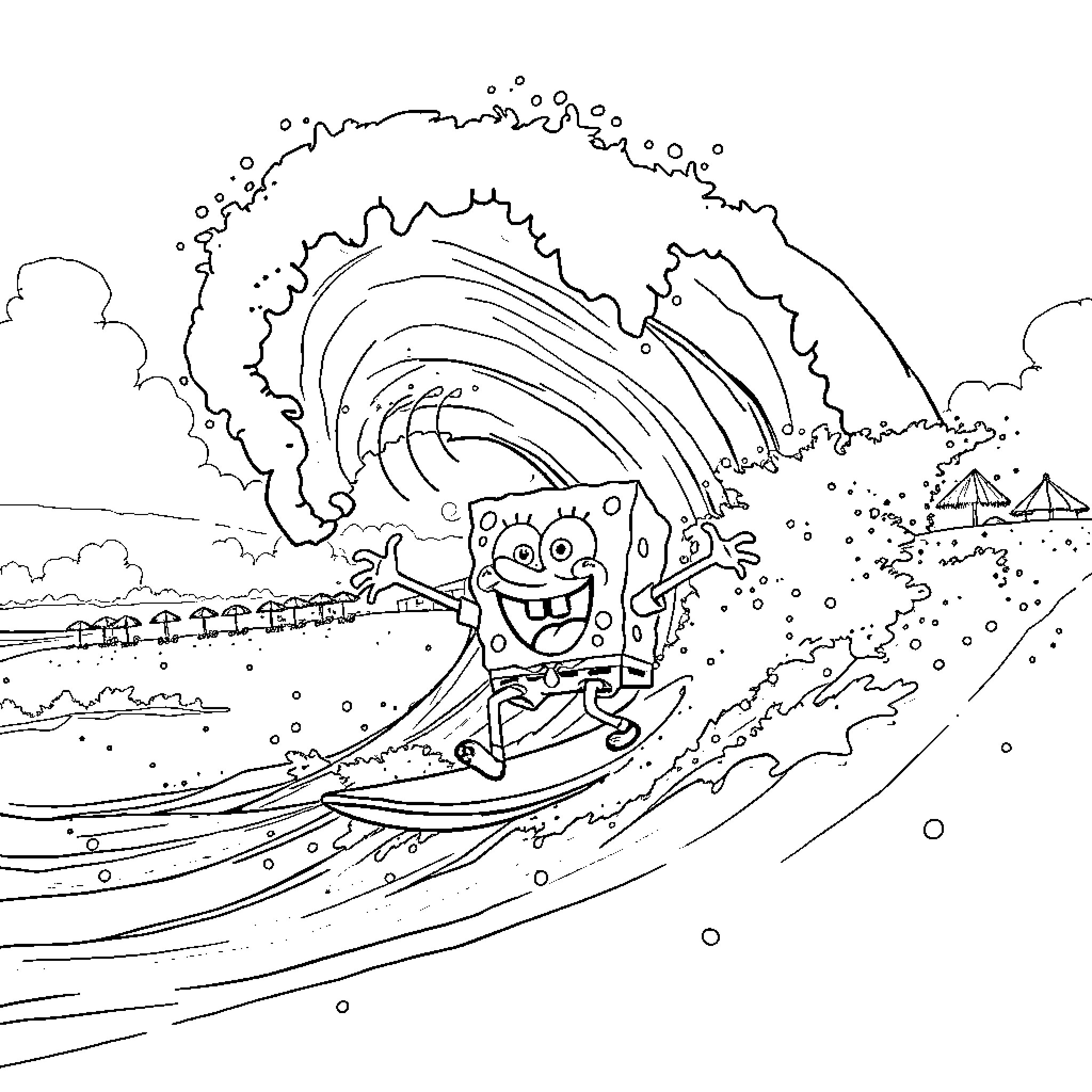 Spongebob surfing a massive wave Coloring Page (free black-and-white line drawing printable PDF for all, from beginners to advanced learners, including children, teens, adults, and seniors)