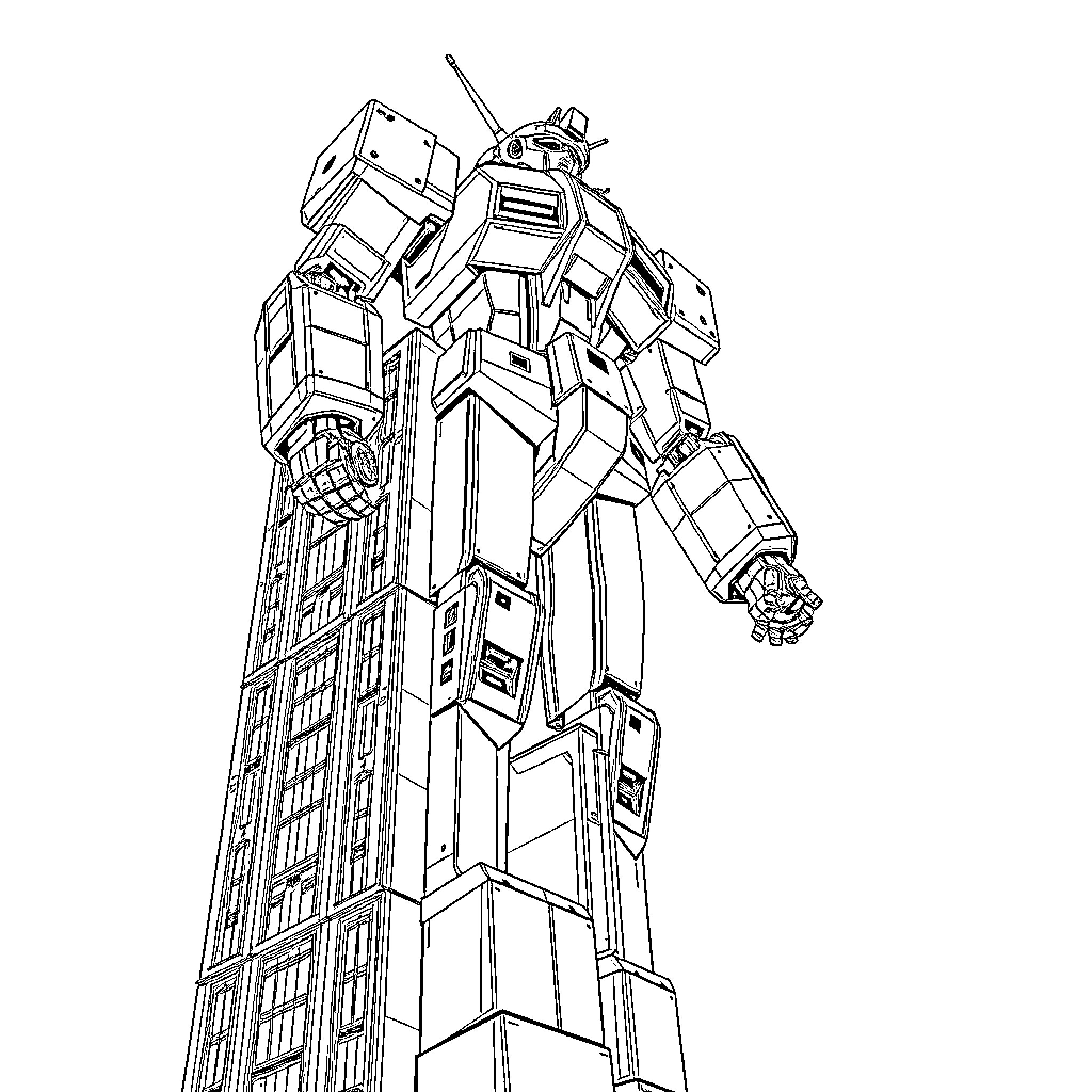 Robot Mecha Standing Tall and Imposing Coloring Page (free black-and-white line drawing printable PDF for all, from beginners to advanced learners, including children, teens, adults, and seniors)