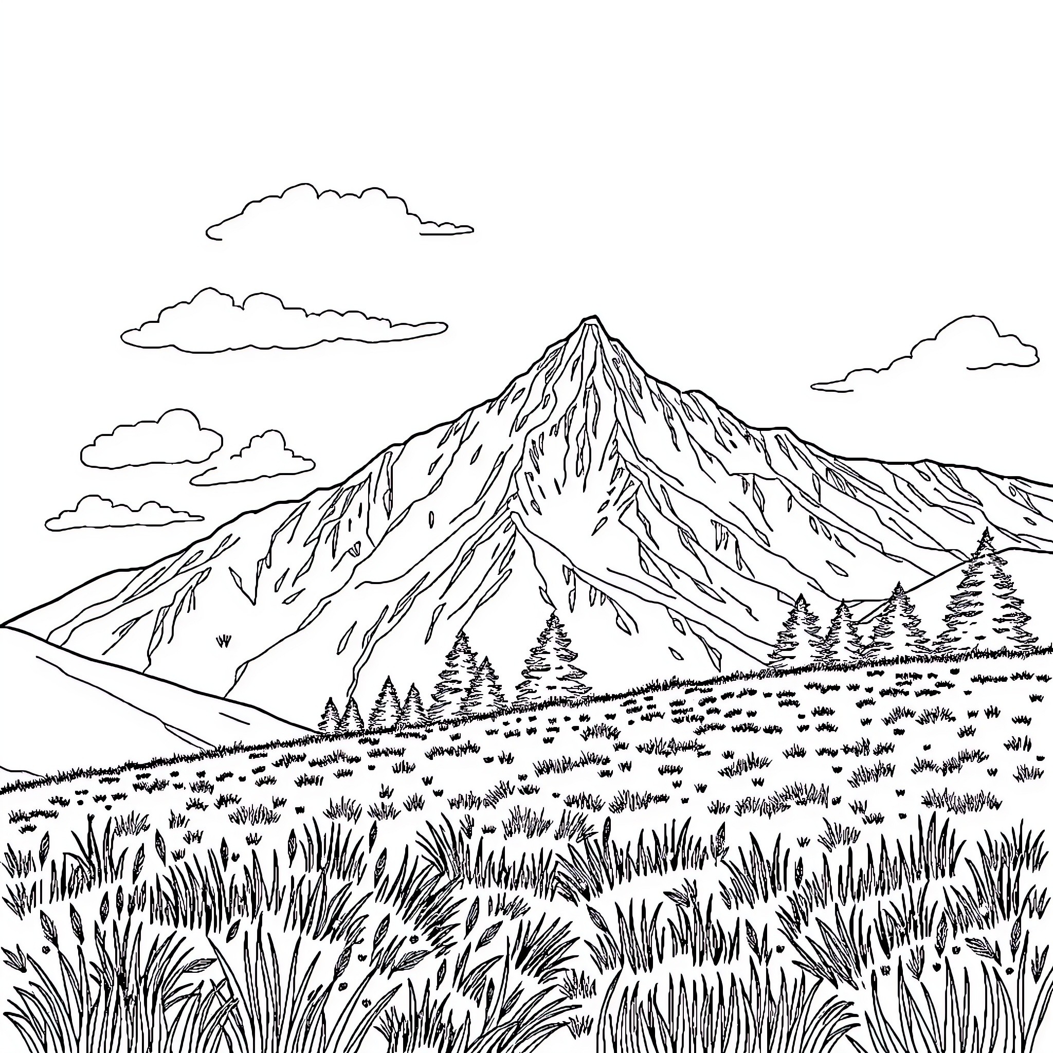 Mountain Landscape with Scenic Vista Coloring Page (free black-and-white line drawing printable PDF for all, from beginners to advanced learners, including children, teens, adults, and seniors)