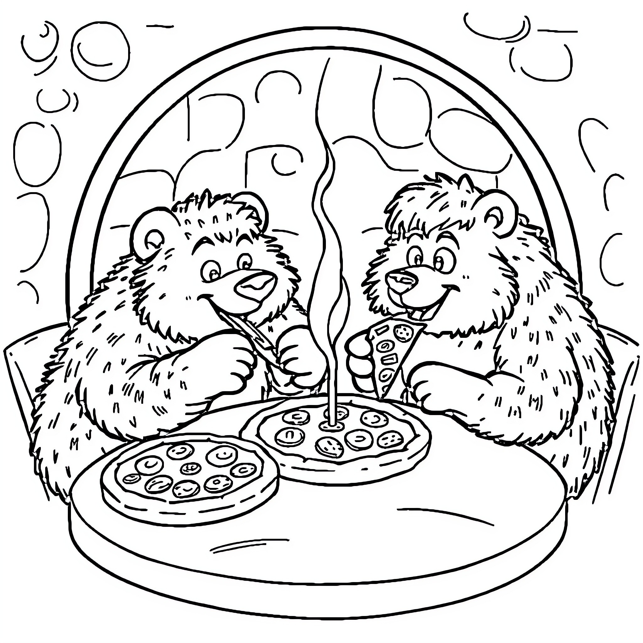 Bear friends enjoying a pizza dinner Coloring Page (free black-and-white line drawing printable PDF for all, from beginners to advanced learners, including children, teens, adults, and seniors)