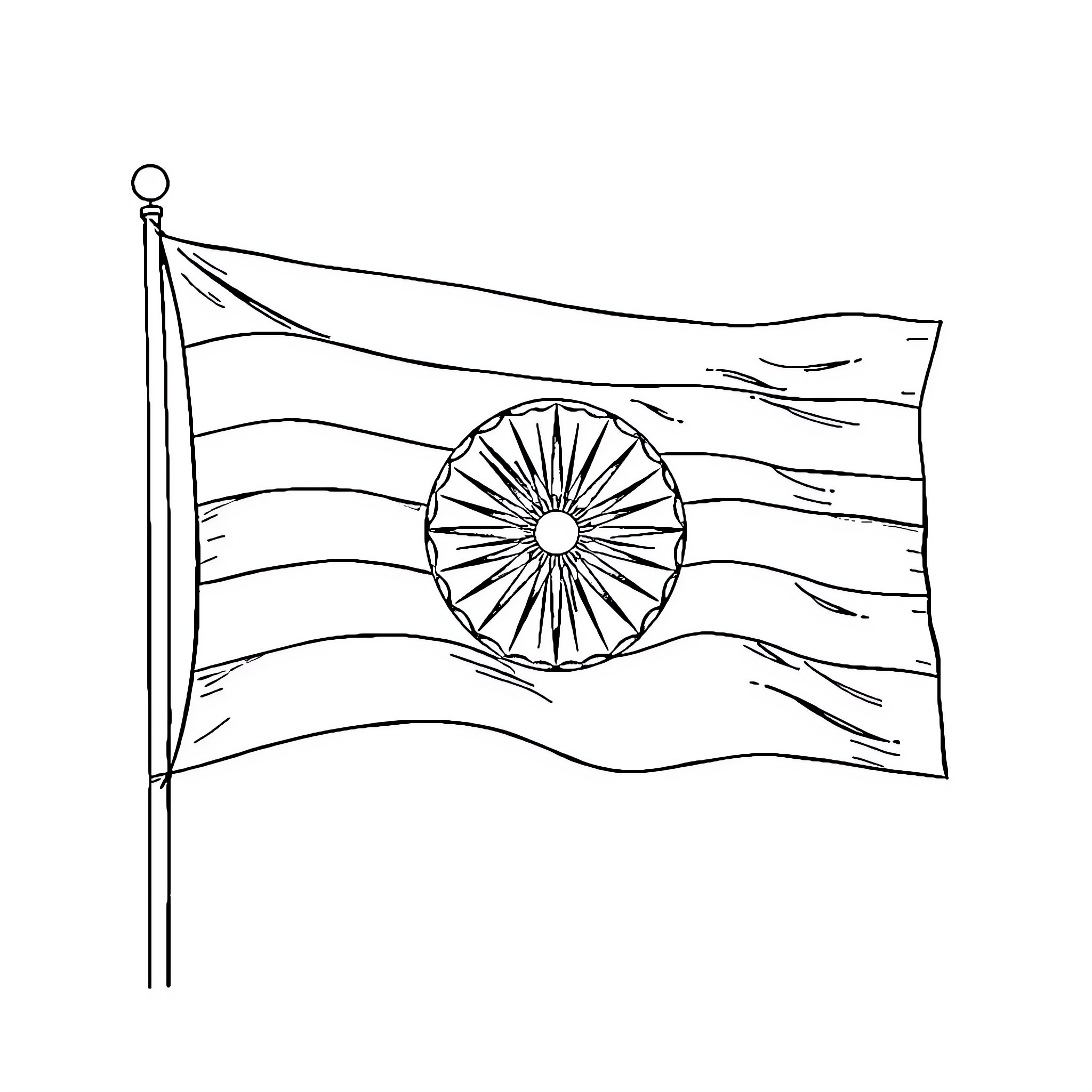 Indian Flag Waving Proudly in the Wind Coloring Page (free black-and-white line drawing printable PDF for all, from beginners to advanced learners, including children, teens, adults, and seniors)