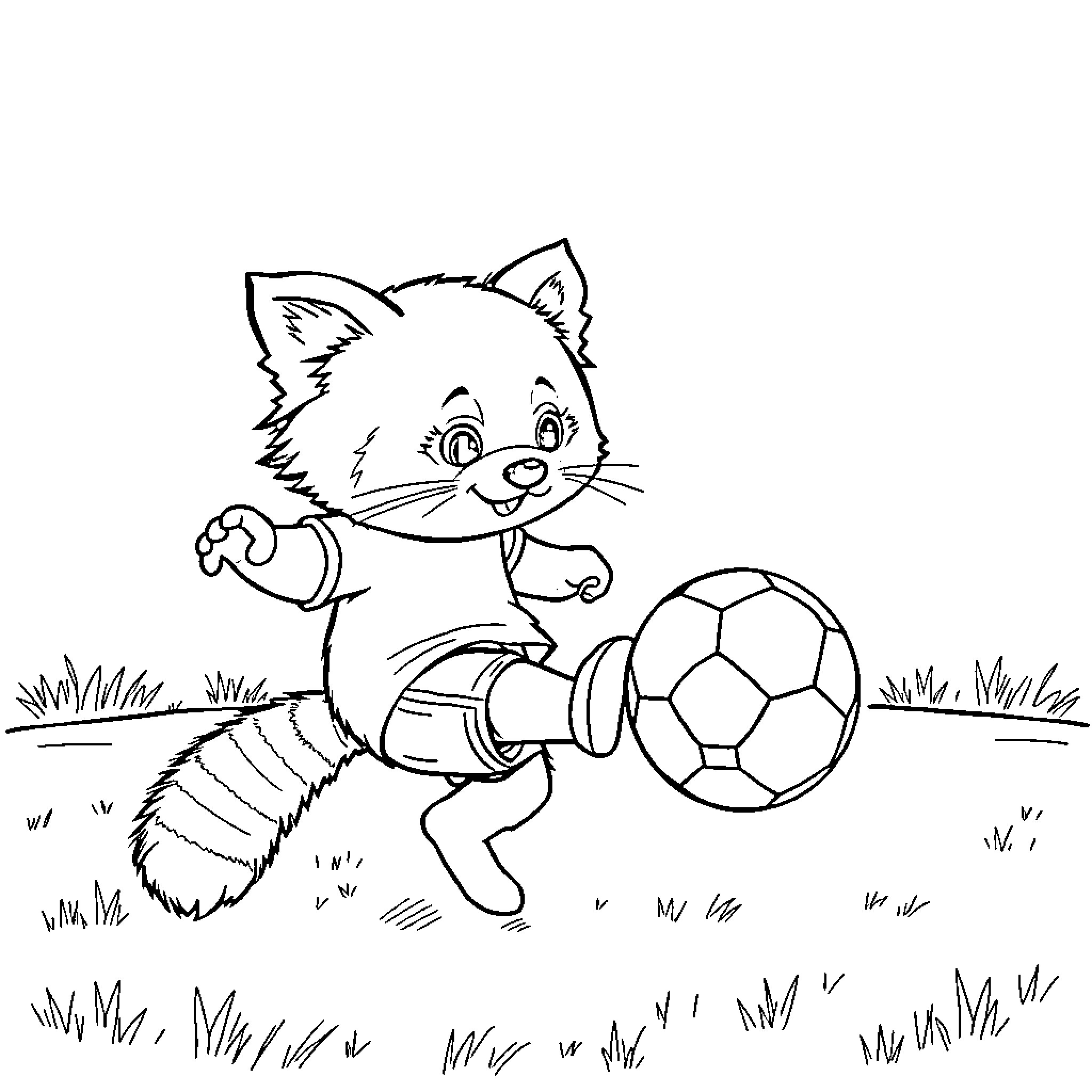 Panda playing with soccer ball in field Coloring Page (free black-and-white line drawing printable PDF for all, from beginners to advanced learners, including children, teens, adults, and seniors)
