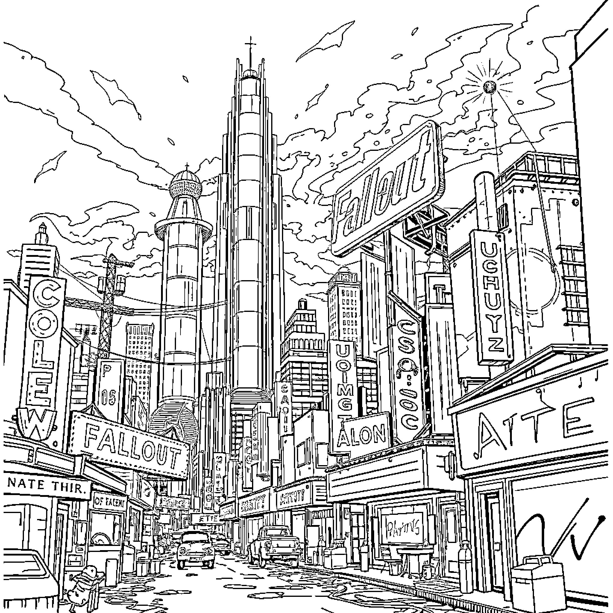 City full of bustling activity and iconic buildings Coloring Page (free black-and-white line drawing printable PDF for all, from beginners to advanced learners, including children, teens, adults, and seniors)