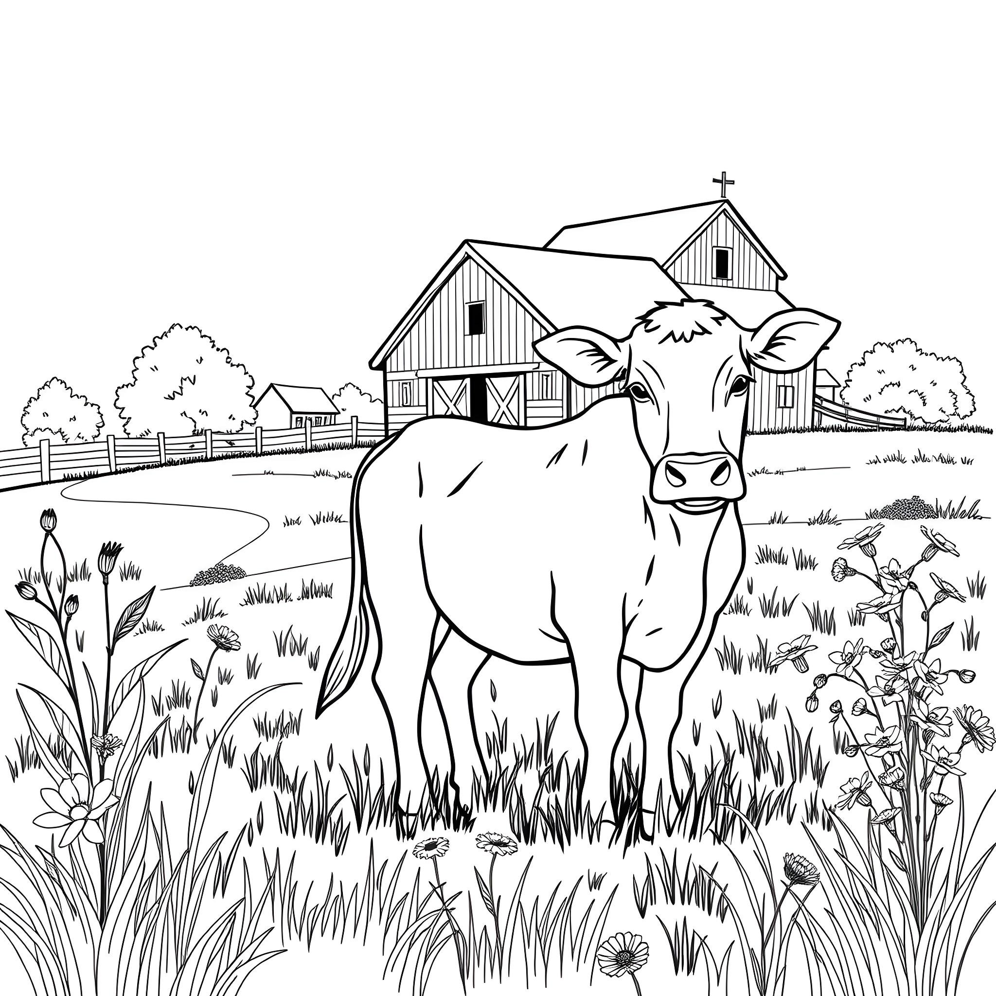 Cow standing in a meadow near a barn Coloring Page (free black-and-white line drawing printable PDF for all, from beginners to advanced learners, including children, teens, adults, and seniors)