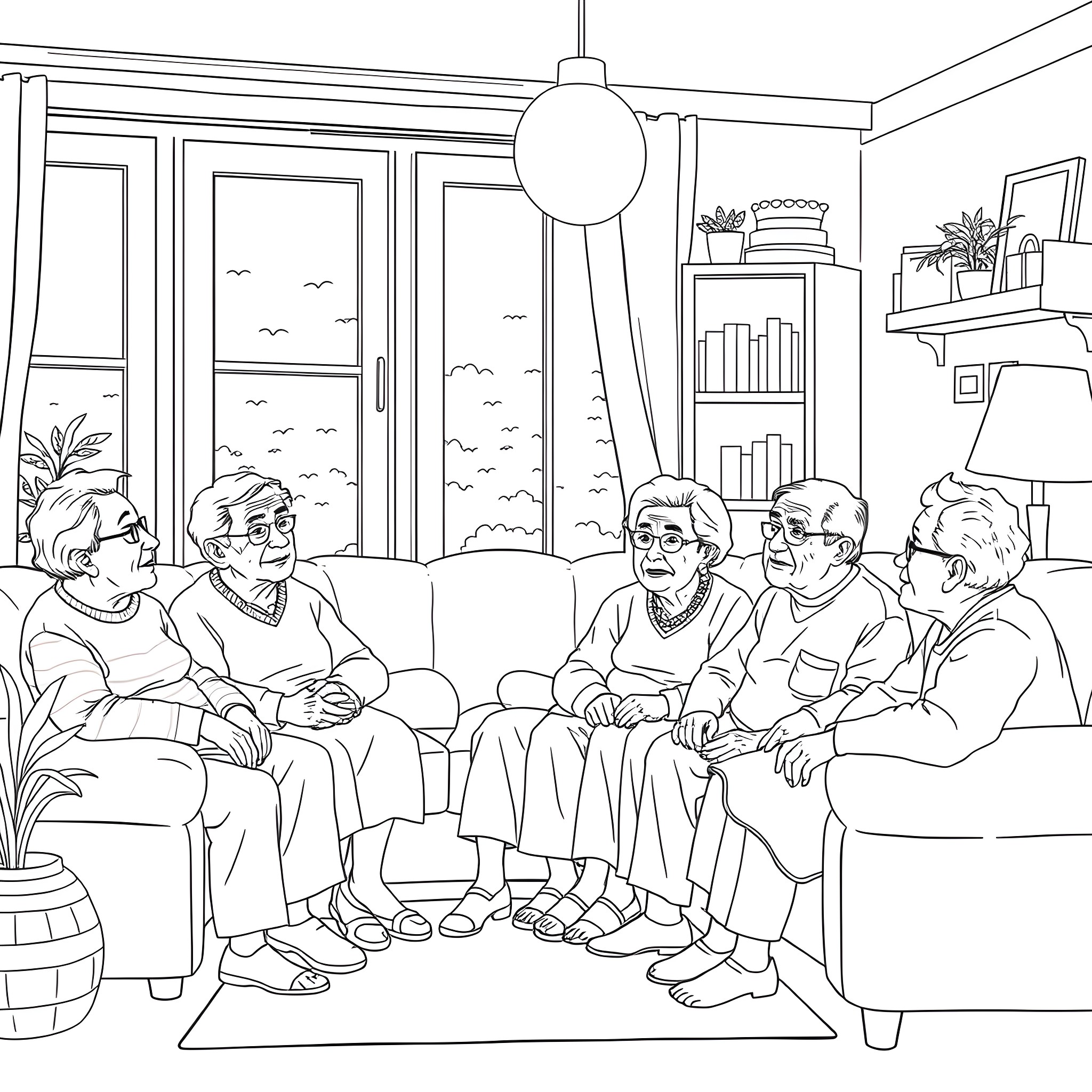 Patient Elderly Residents Gathering in Living Room Coloring Page (free black-and-white line drawing printable PDF for all, from beginners to advanced learners, including children, teens, adults, and seniors)