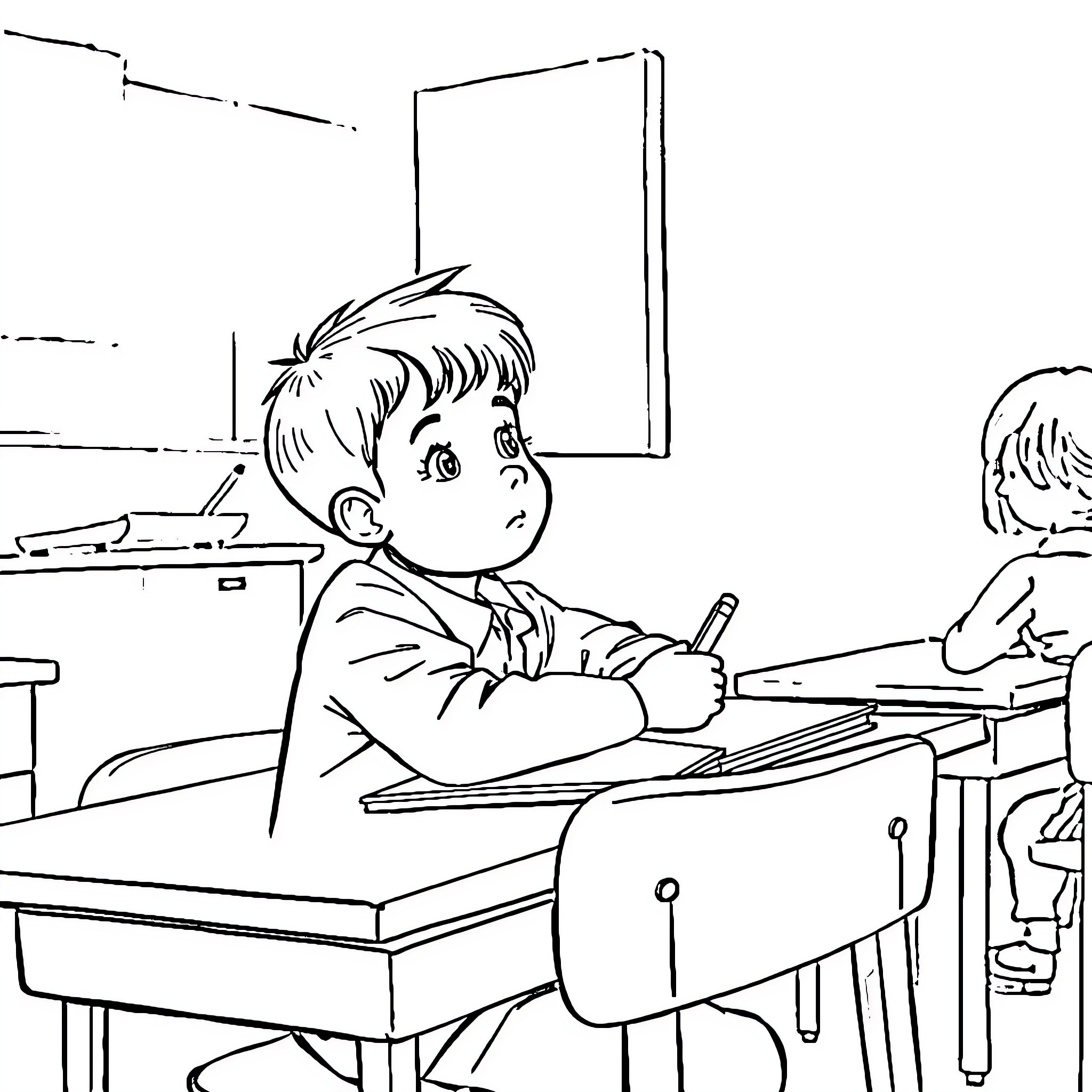 Child studying diligently in classroom Coloring Page (free black-and-white line drawing printable PDF for all, from beginners to advanced learners, including children, teens, adults, and seniors)