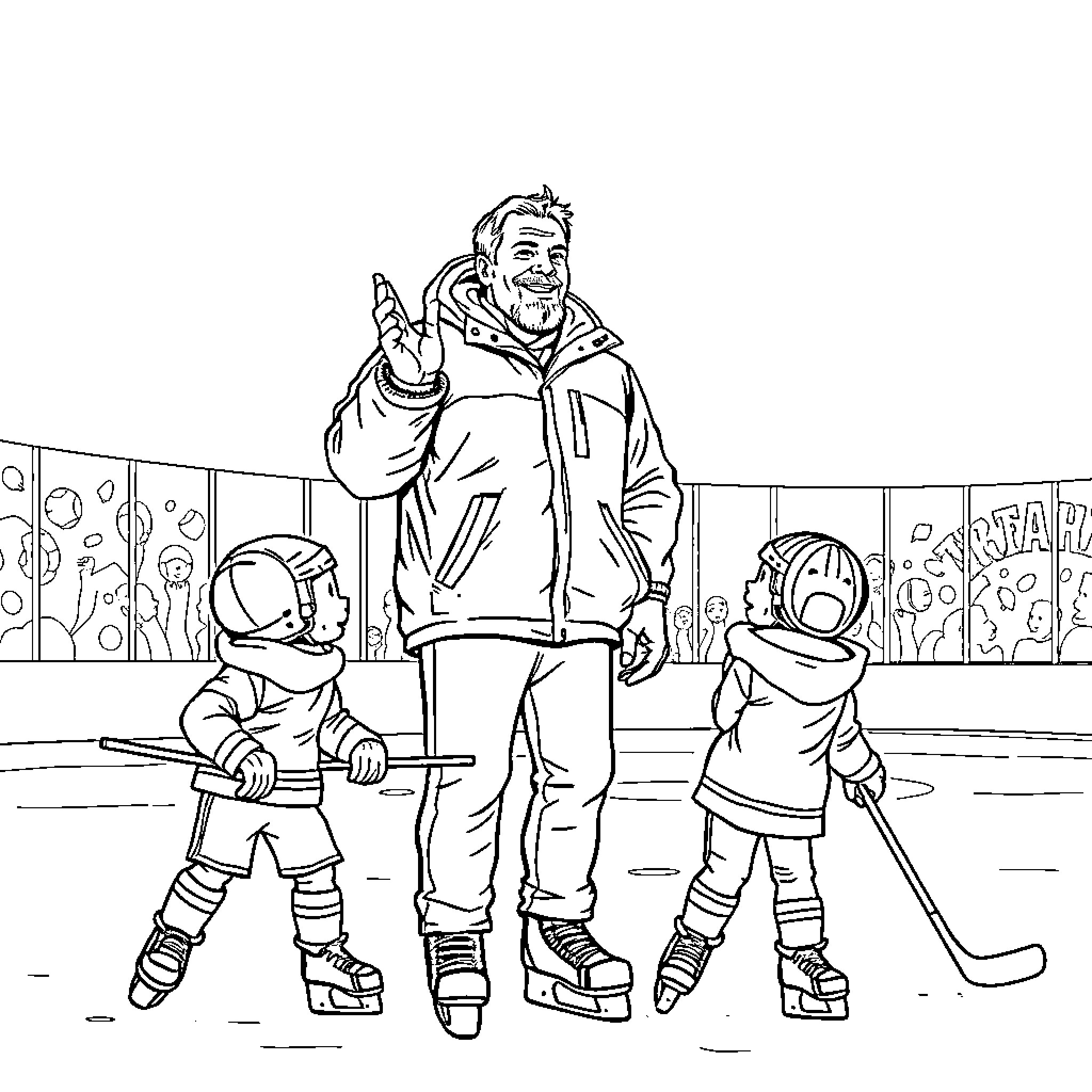 Hockey Dad Coaching Young Players on the Ice Coloring Page (free black-and-white line drawing printable PDF for all, from beginners to advanced learners, including children, teens, adults, and seniors)