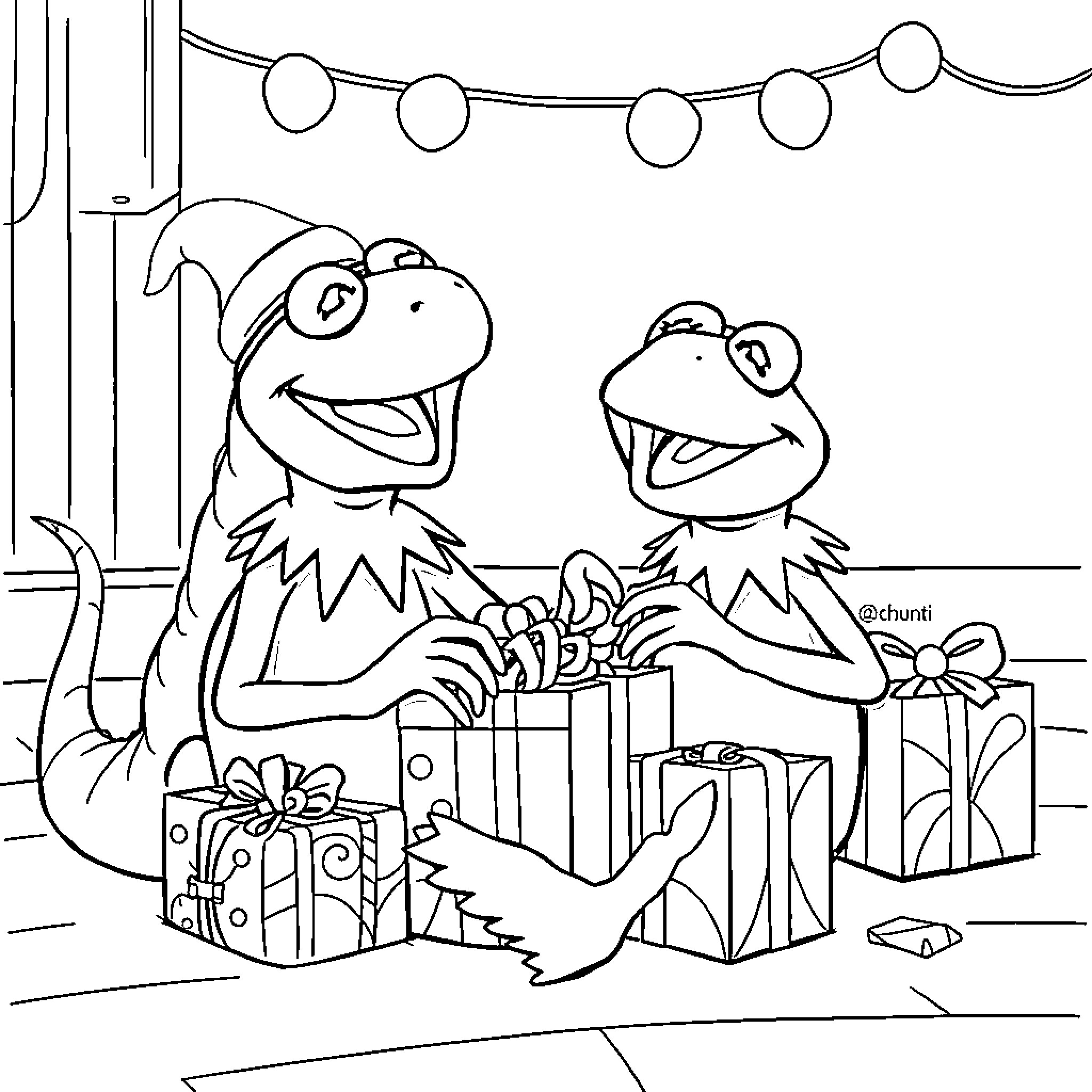 Kermit and friends celebrate with gifts and decorations Coloring Page (free black-and-white line drawing printable PDF for all, from beginners to advanced learners, including children, teens, adults, and seniors)