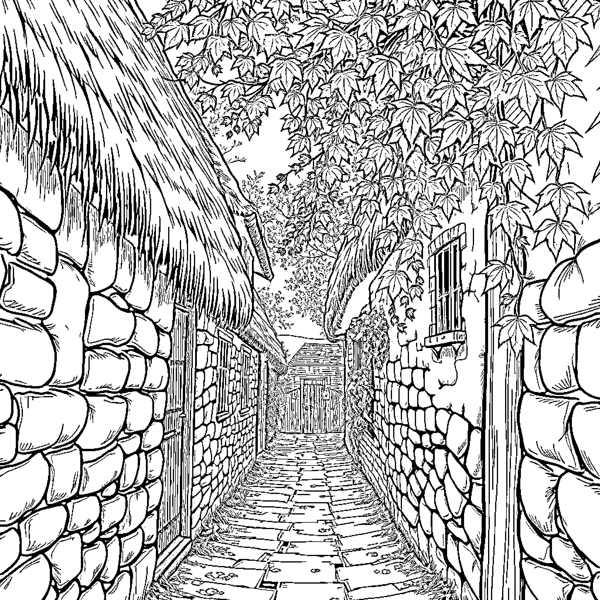 Alley amidst lush foliage and stone structures Coloring Page (free black-and-white line drawing printable PDF for all, from beginners to advanced learners, including children, teens, adults, and seniors)