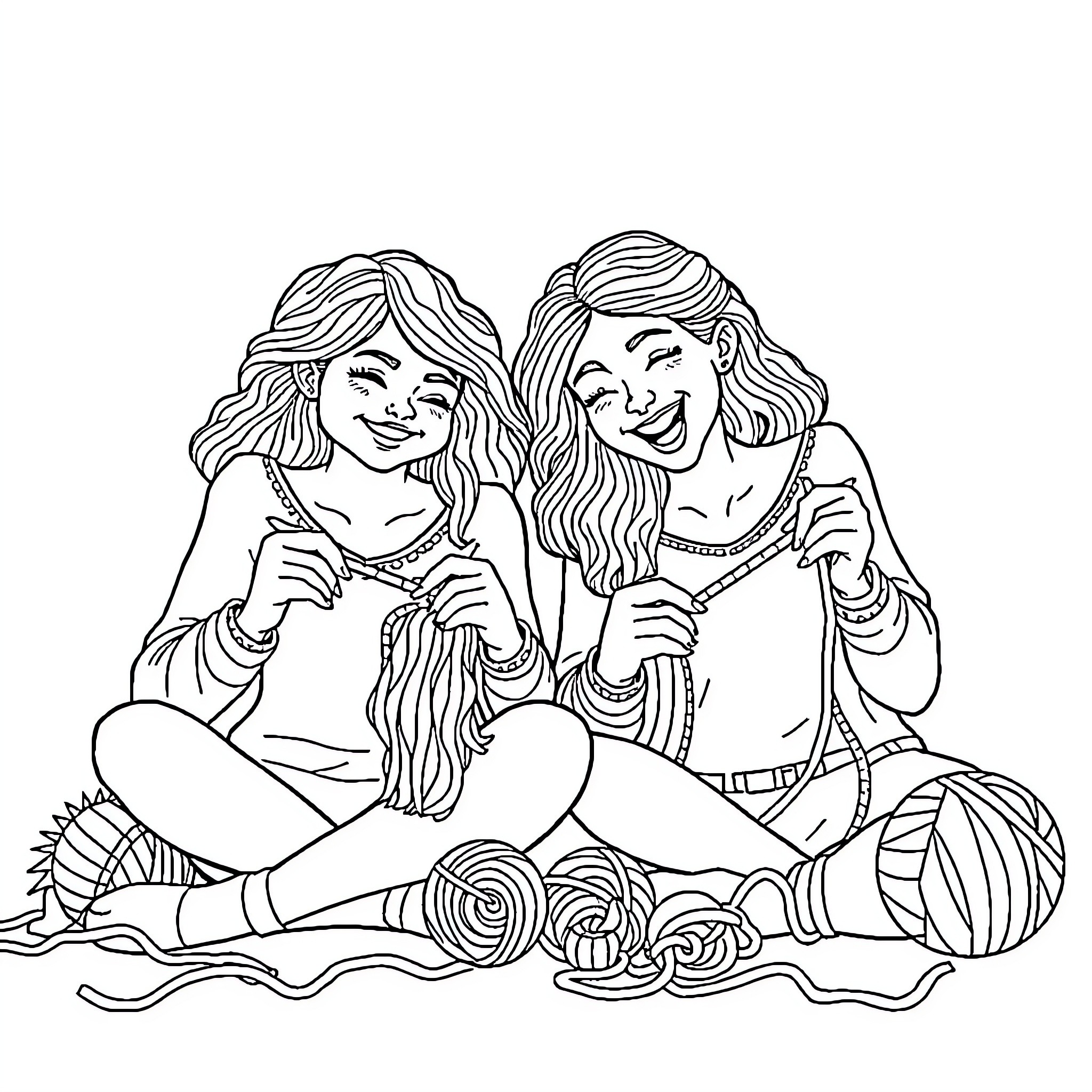 Women bonding over knitting and crafting Coloring Page (free black-and-white line drawing printable PDF for all, from beginners to advanced learners, including children, teens, adults, and seniors)