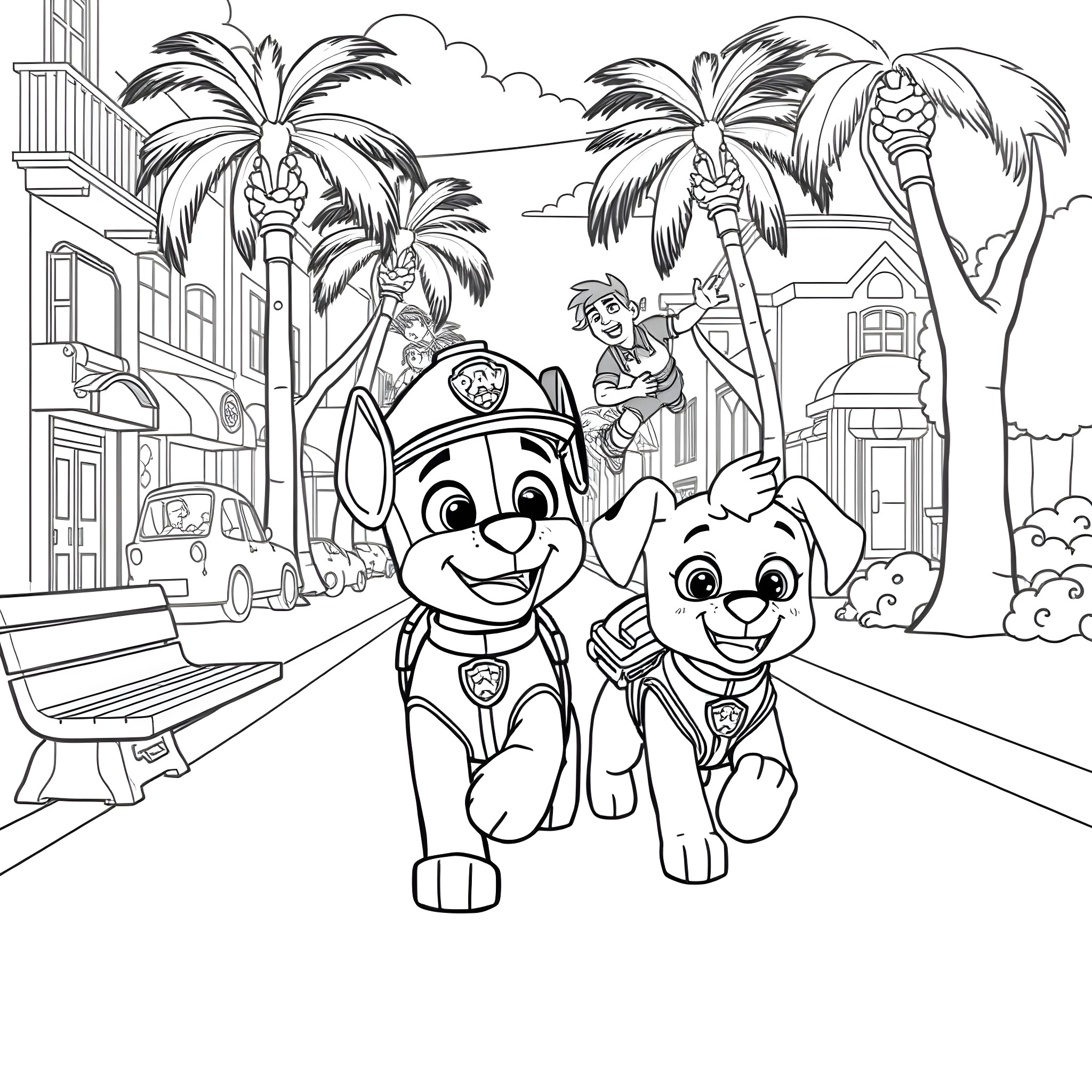 Paw Patrol on a Tropical Adventure Coloring Page (free black-and-white line drawing printable PDF for all, from beginners to advanced learners, including children, teens, adults, and seniors)
