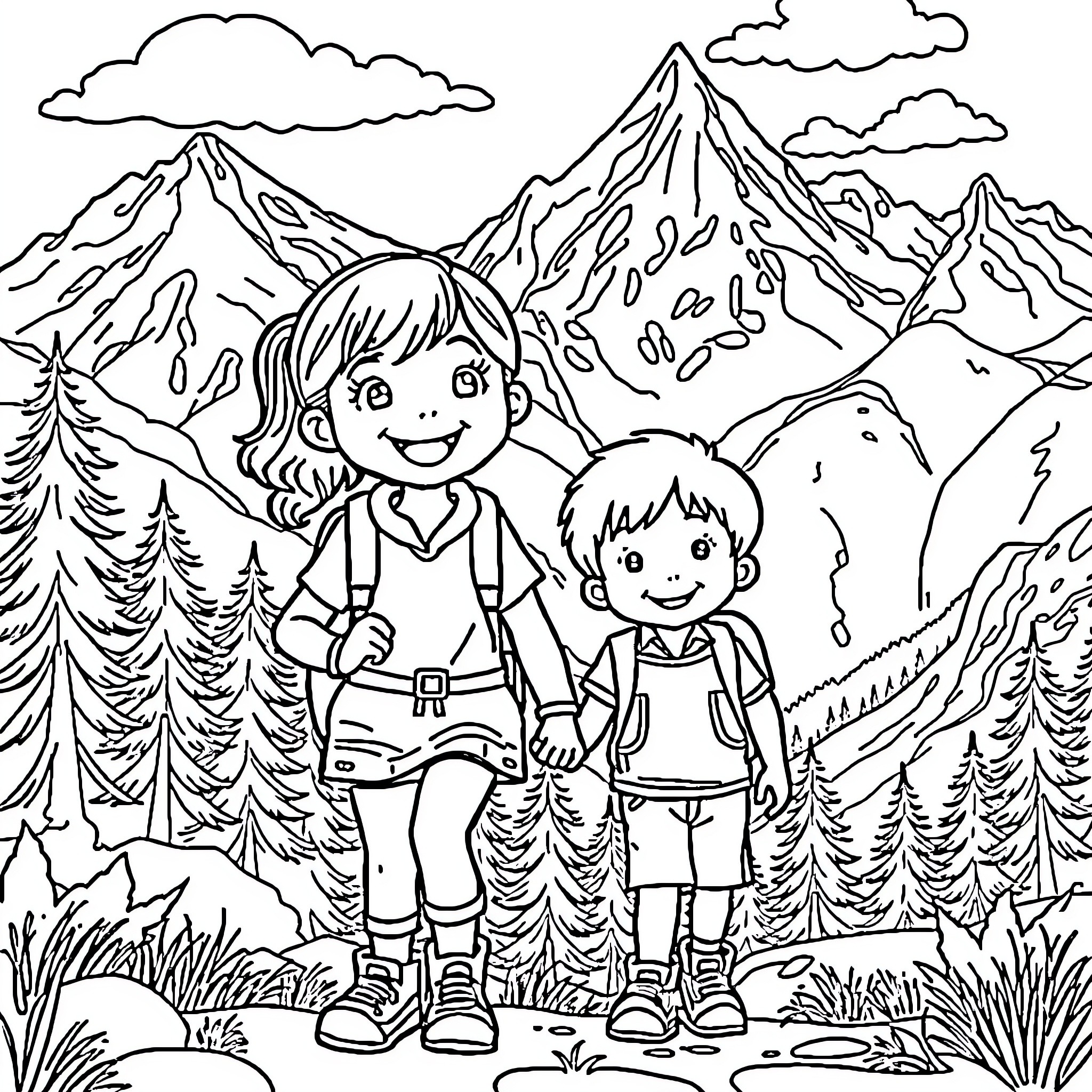 Kid hikers exploring mountain landscape Coloring Page (free black-and-white line drawing printable PDF for all, from beginners to advanced learners, including children, teens, adults, and seniors)