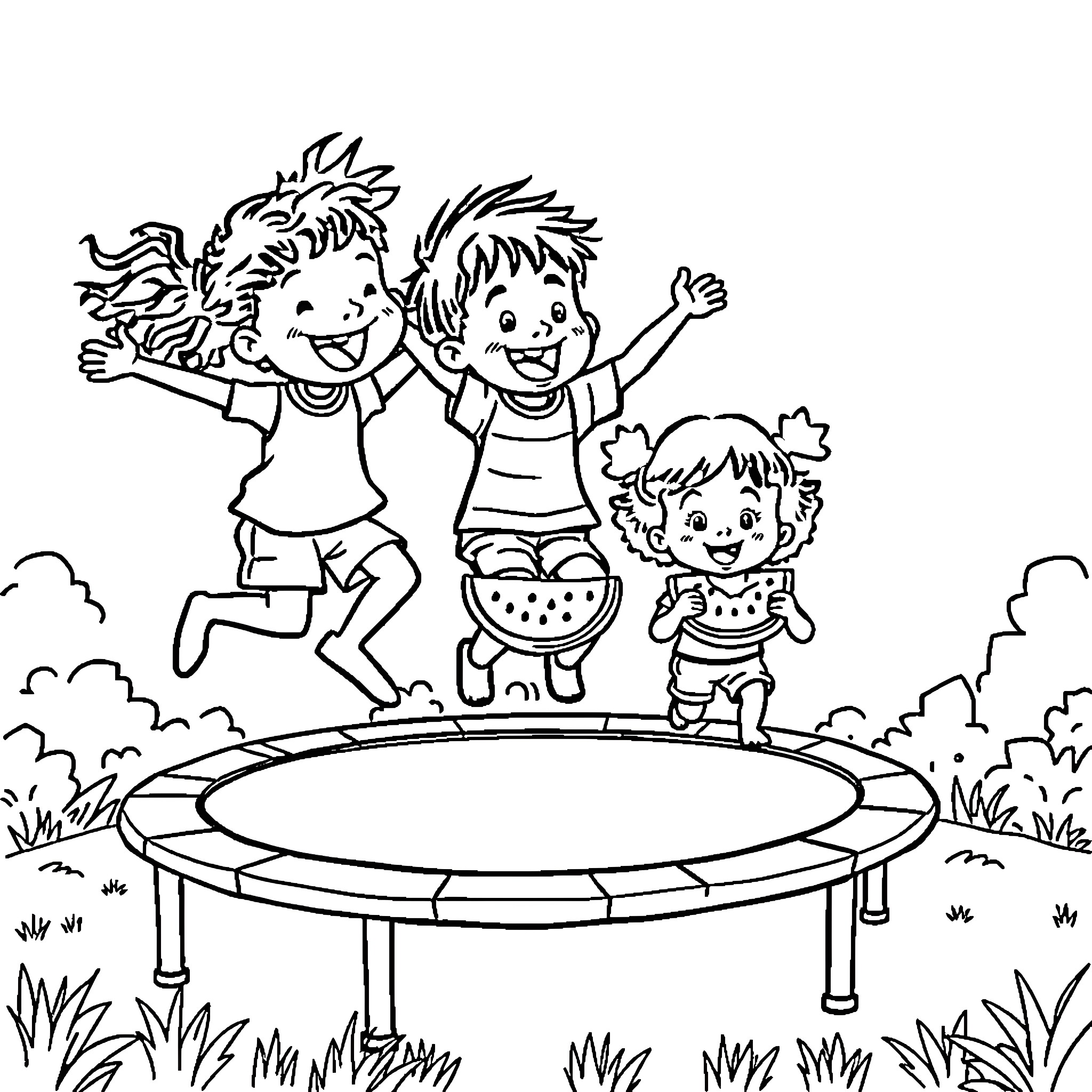 Kid friends jumping happily on trampoline Coloring Page (free black-and-white line drawing printable PDF for all, from beginners to advanced learners, including children, teens, adults, and seniors)
