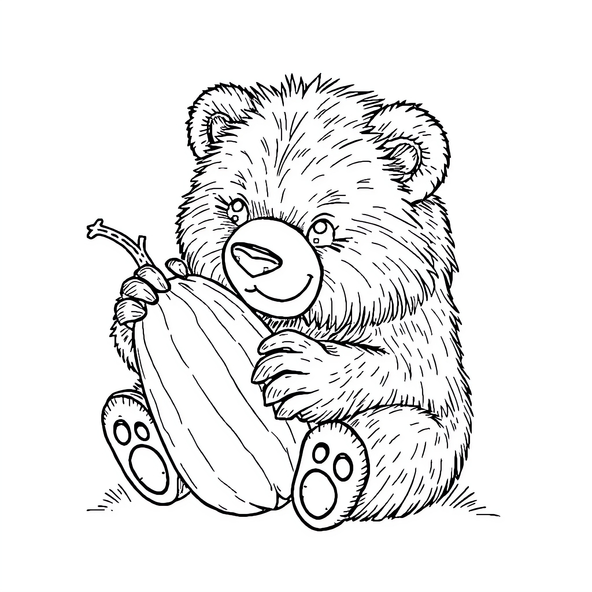 Oso the Cuddly Bear Holding a Banana Coloring Page (free black-and-white line drawing printable PDF for all, from beginners to advanced learners, including children, teens, adults, and seniors)