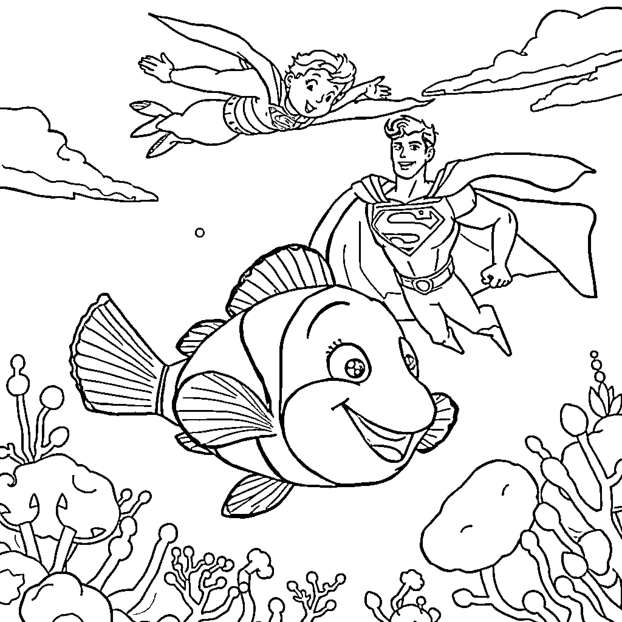 Nemo and Superman soar above the underwater scene Coloring Page (free black-and-white line drawing printable PDF for all, from beginners to advanced learners, including children, teens, adults, and seniors)