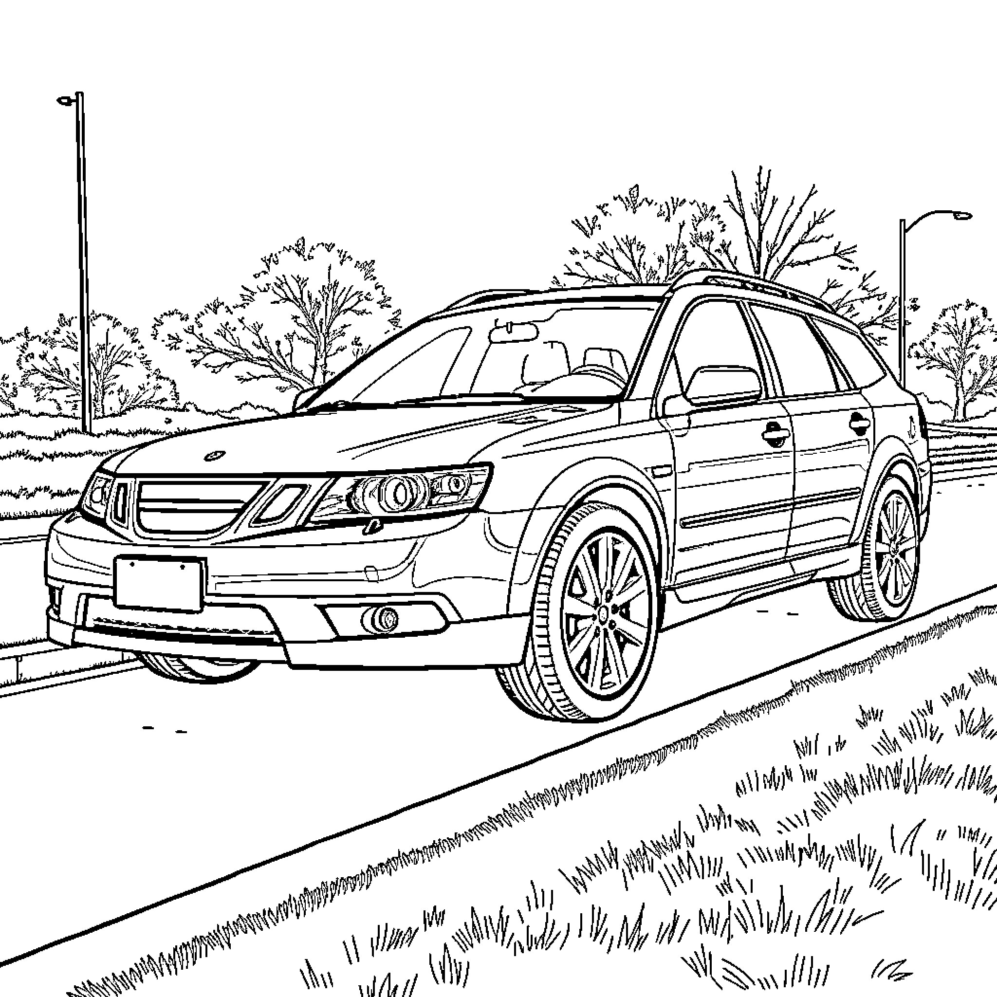 Saab 9-4x SUV in scenic outdoor setting Coloring Page (free black-and-white line drawing printable PDF for all, from beginners to advanced learners, including children, teens, adults, and seniors)