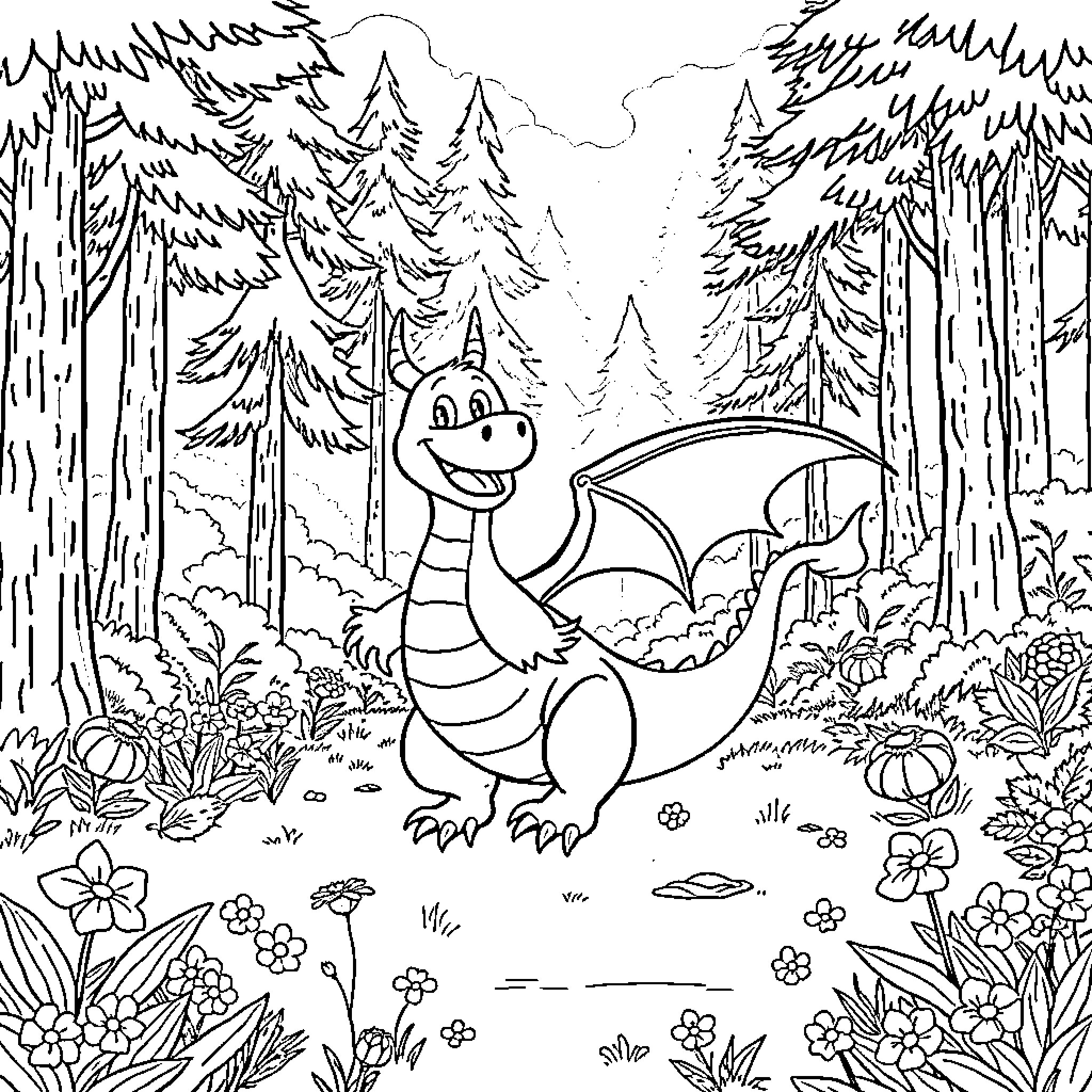 Dragon exploring the enchanted forest Coloring Page (free black-and-white line drawing printable PDF for all, from beginners to advanced learners, including children, teens, adults, and seniors)