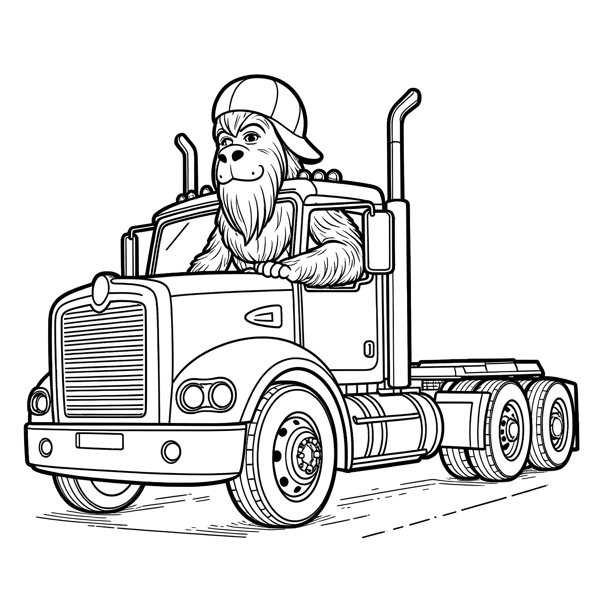 Sasquatch driving a big rig truck Coloring Page (free black-and-white line drawing printable PDF for all, from beginners to advanced learners, including children, teens, adults, and seniors)