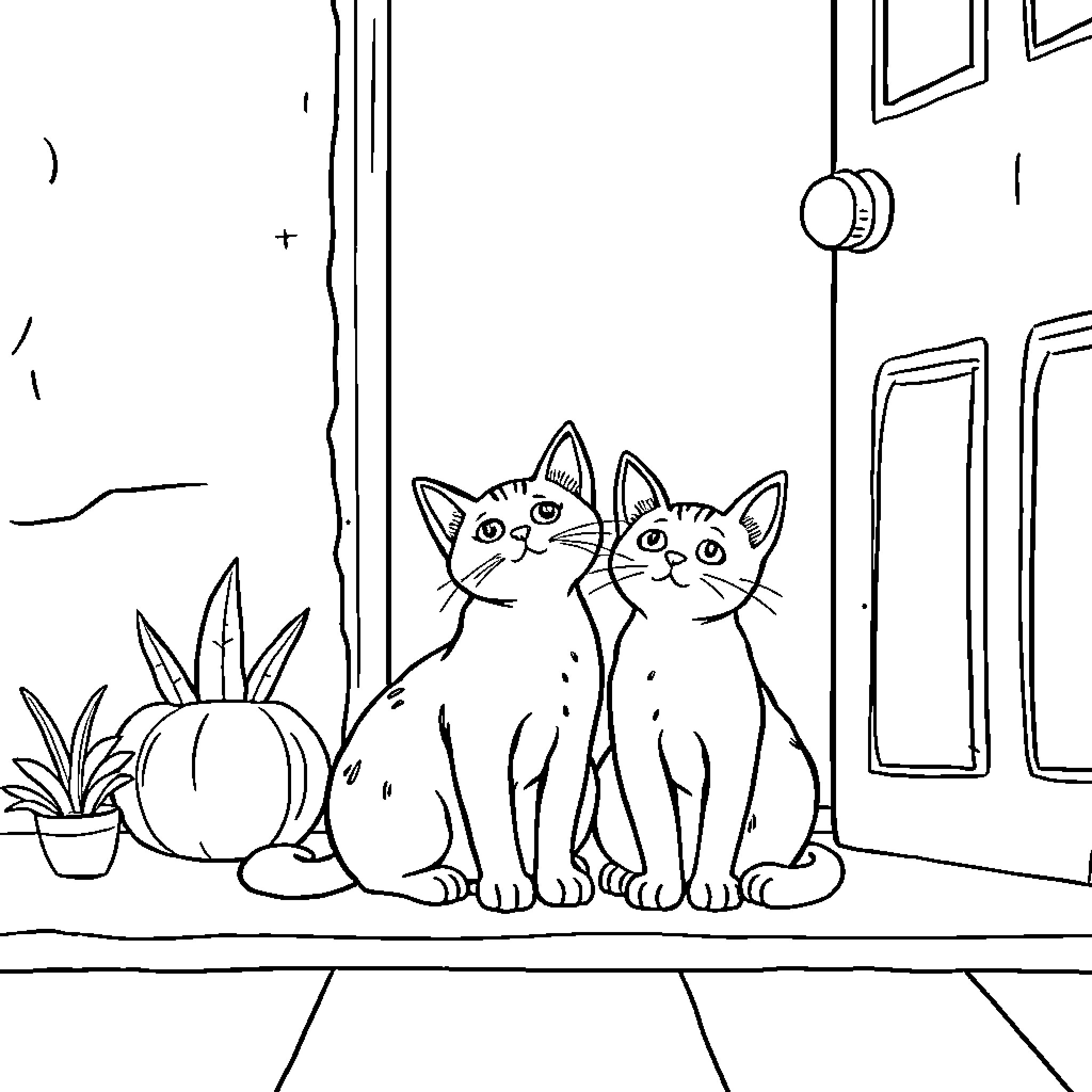 Cats relaxing in a cozy indoor setting Coloring Page (free black-and-white line drawing printable PDF for all, from beginners to advanced learners, including children, teens, adults, and seniors)