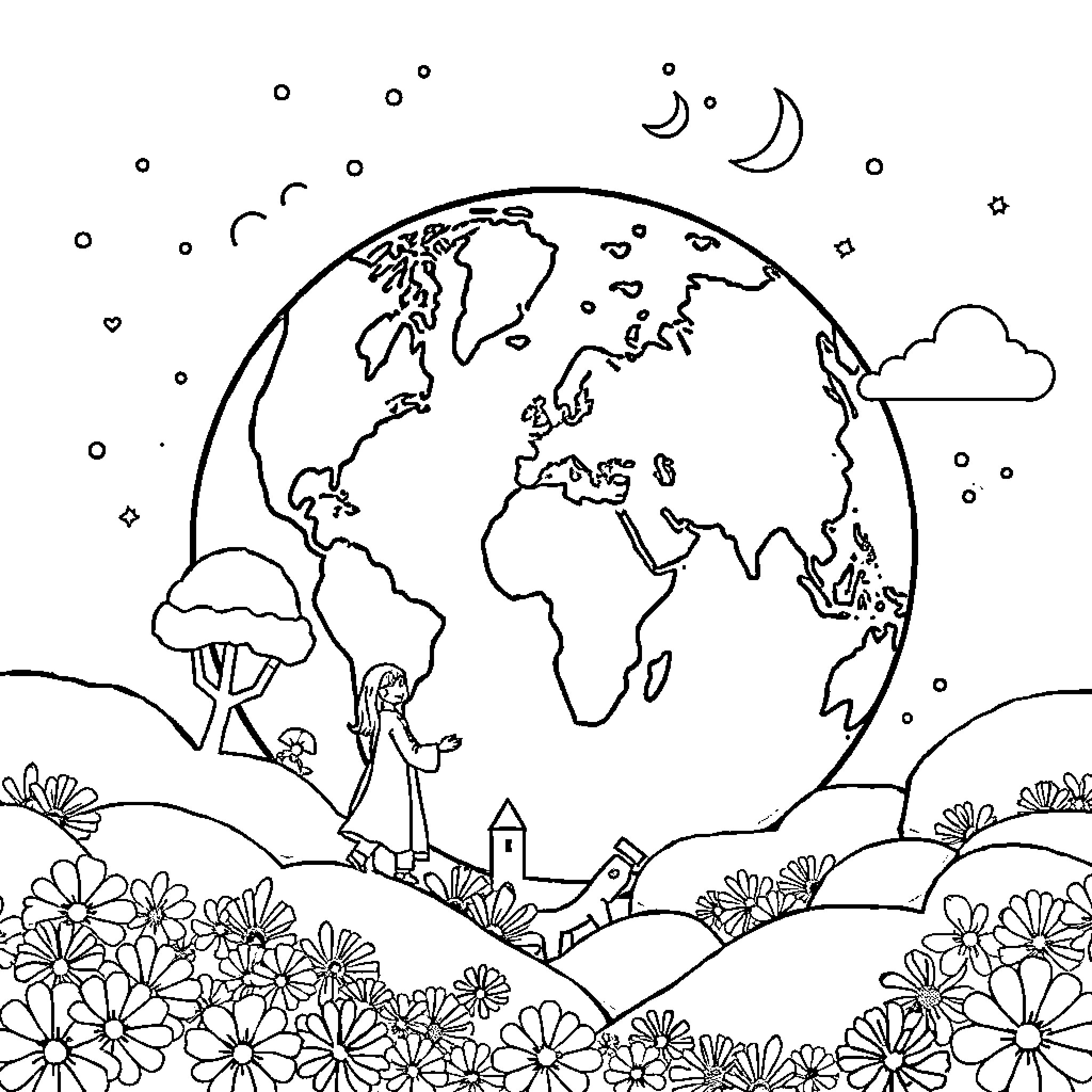 Peace across the globe in a natural setting Coloring Page (free black-and-white line drawing printable PDF for all, from beginners to advanced learners, including children, teens, adults, and seniors)