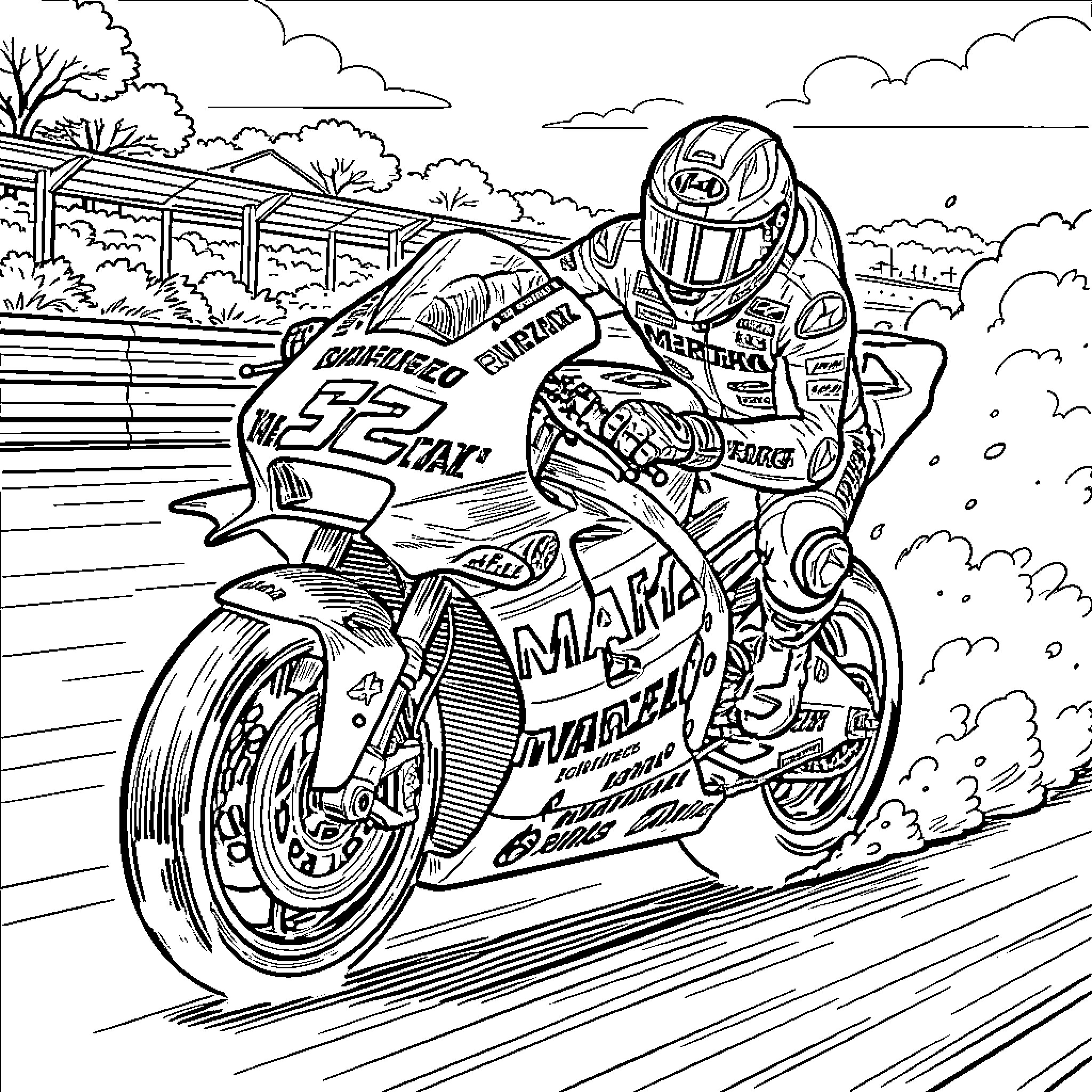 Marc Marquez riding a racing motorcycle on the track Coloring Page (free black-and-white line drawing printable PDF for all, from beginners to advanced learners, including children, teens, adults, and seniors)
