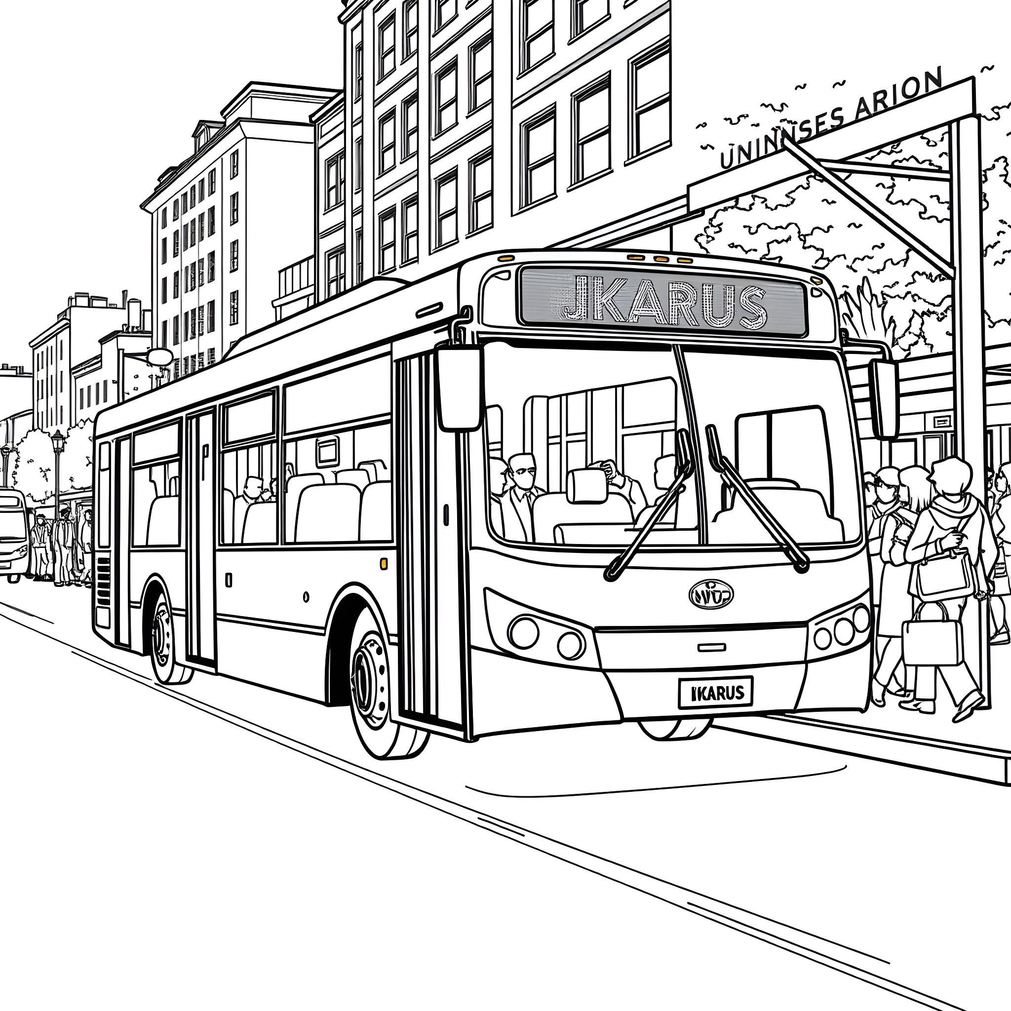 Ikarus Bus on a Busy City Street Coloring Page (free black-and-white line drawing printable PDF for all, from beginners to advanced learners, including children, teens, adults, and seniors)