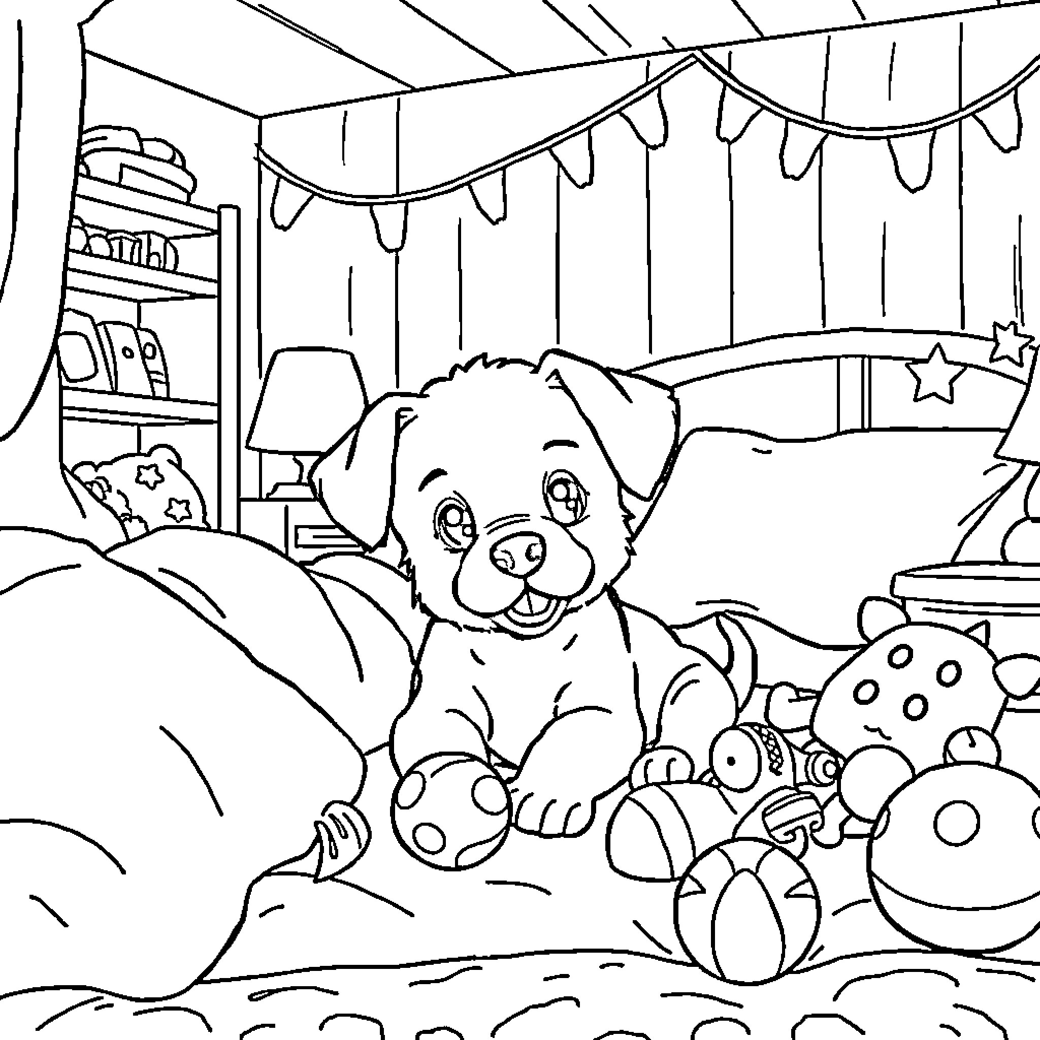 Puppy playing in a cozy bedroom Coloring Page (free black-and-white line drawing printable PDF for all, from beginners to advanced learners, including children, teens, adults, and seniors)
