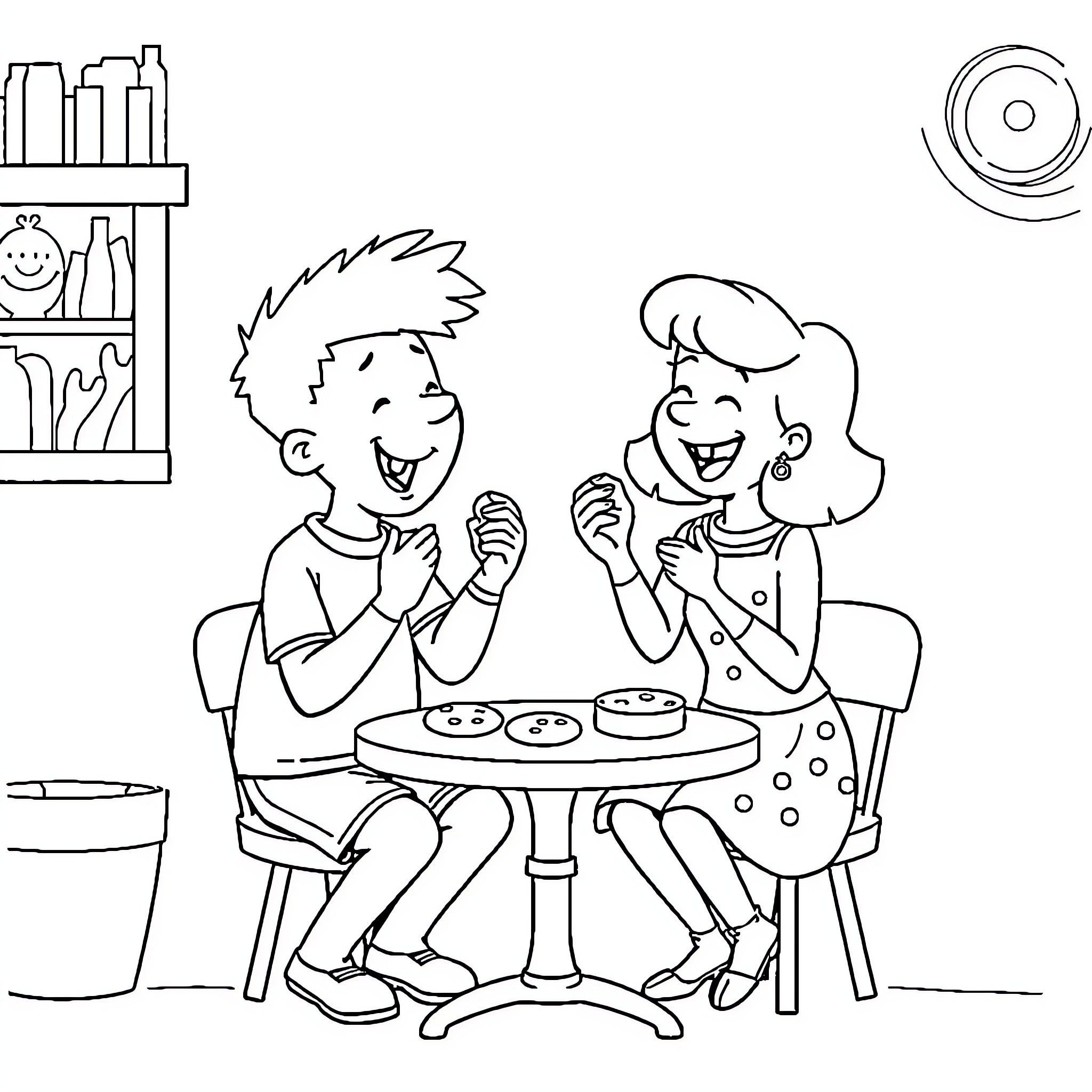 Arthur and Friend Enjoying Snacks at Home Coloring Page (free black-and-white line drawing printable PDF for all, from beginners to advanced learners, including children, teens, adults, and seniors)