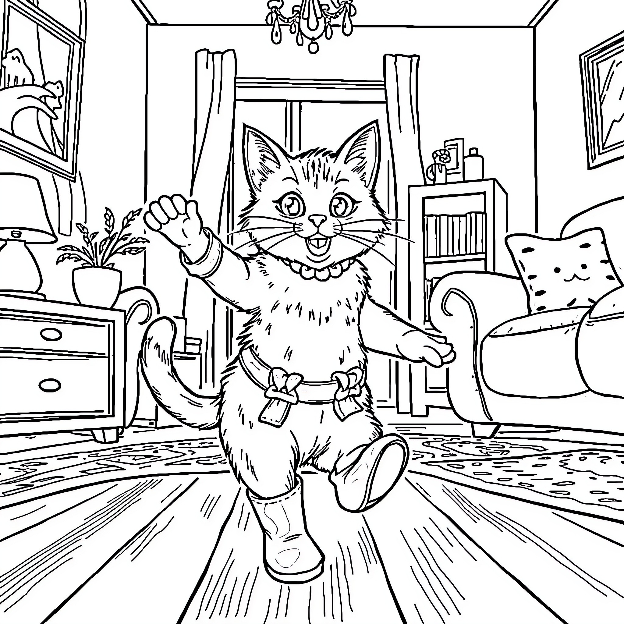 Cat playing joyfully in the living room Coloring Page (free black-and-white line drawing printable PDF for all, from beginners to advanced learners, including children, teens, adults, and seniors)