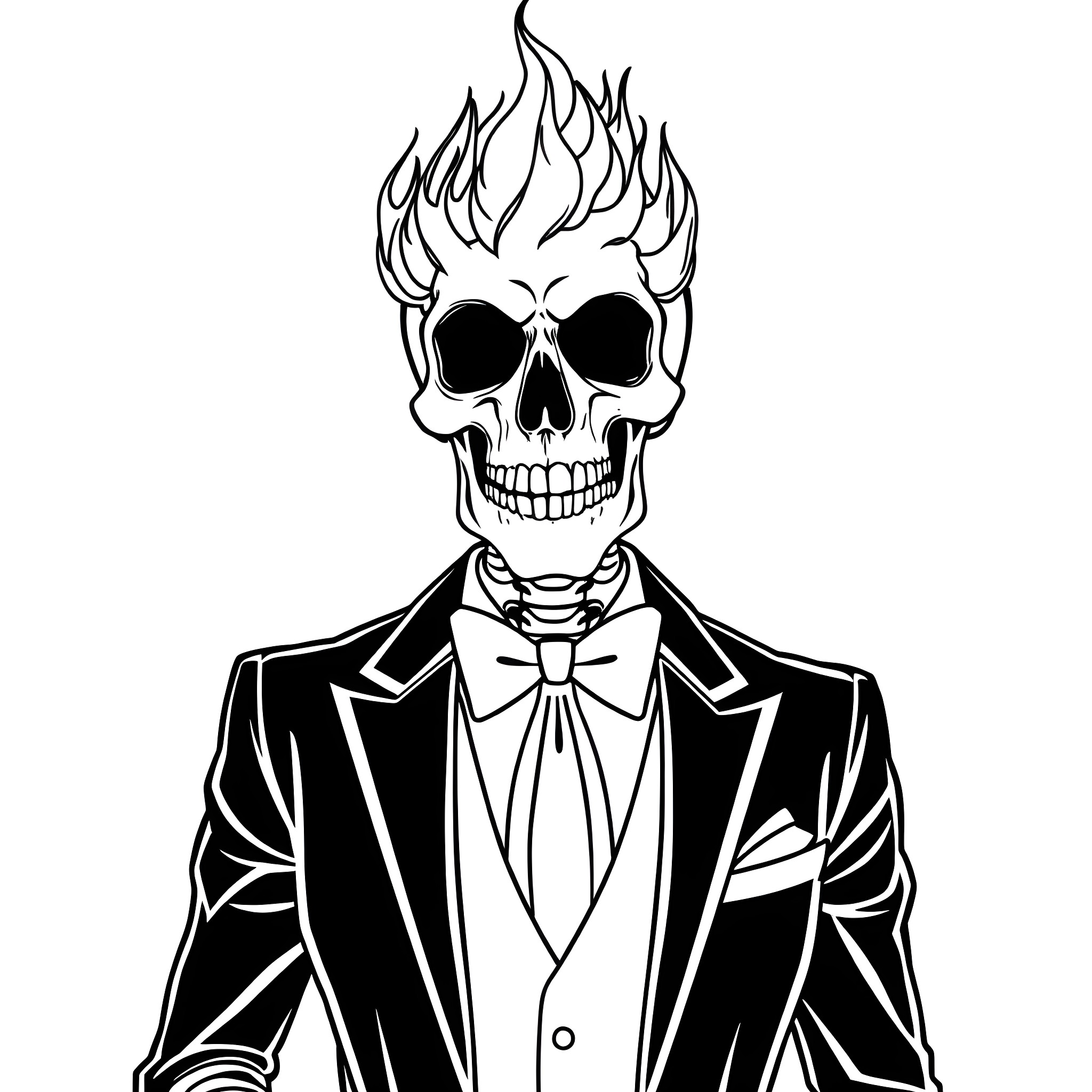 Skeleton Wearing Formal Attire with Flaming Head Coloring Page (free black-and-white line drawing printable PDF for all, from beginners to advanced learners, including children, teens, adults, and seniors)