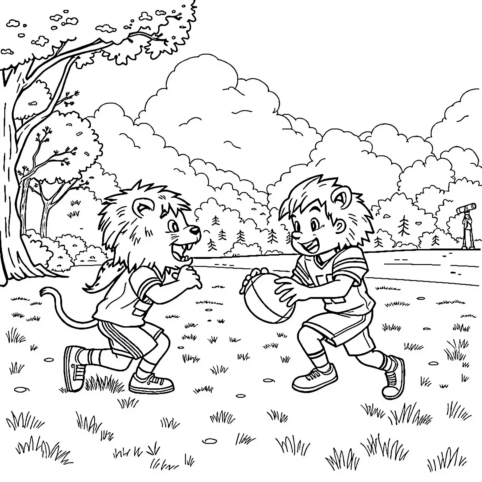 Lion and Boy Playing Outdoors in Nature Coloring Page (free black-and-white line drawing printable PDF for all, from beginners to advanced learners, including children, teens, adults, and seniors)