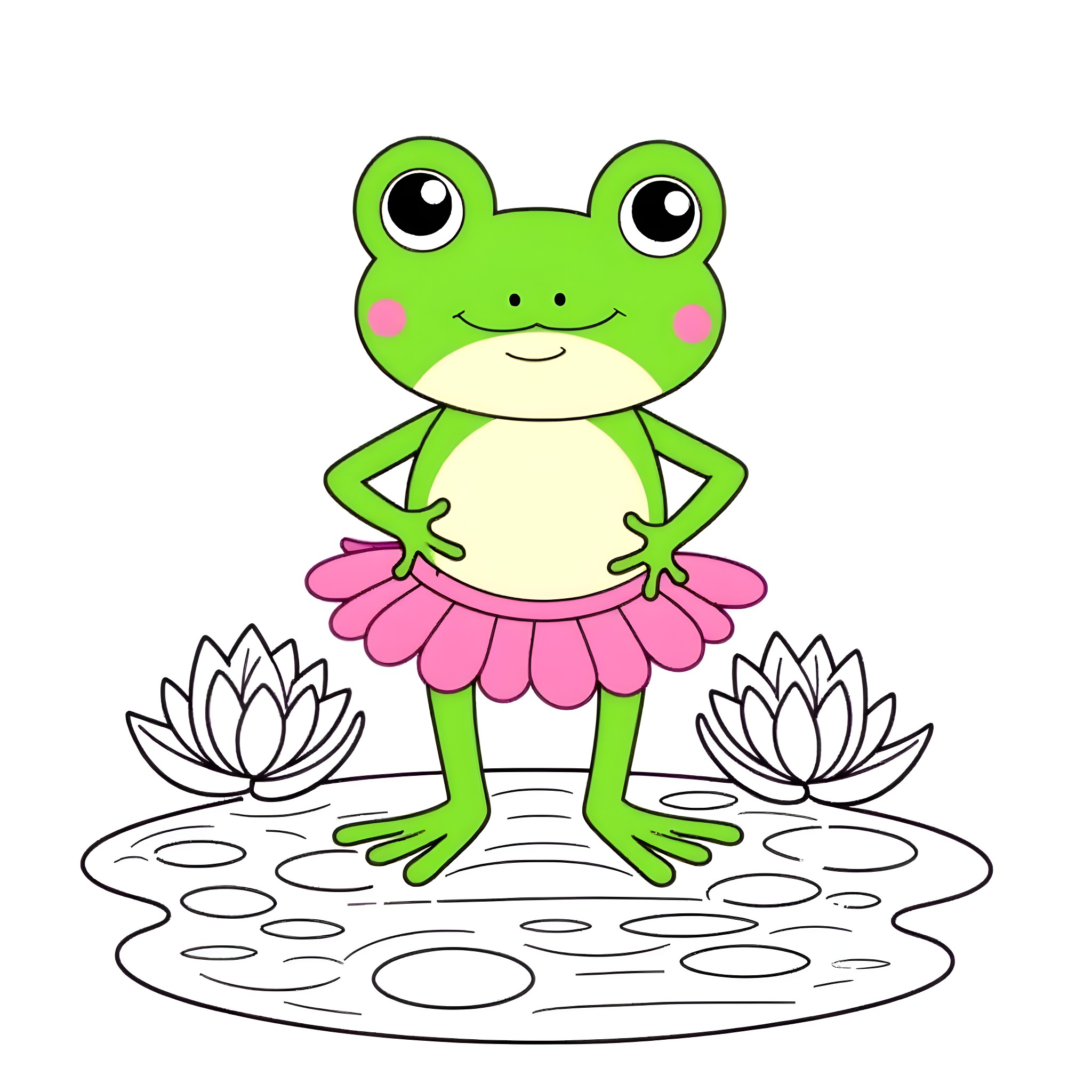 Frog wearing a pink tutu on lotus ponds Coloring Page (free black-and-white line drawing printable PDF for all, from beginners to advanced learners, including children, teens, adults, and seniors)