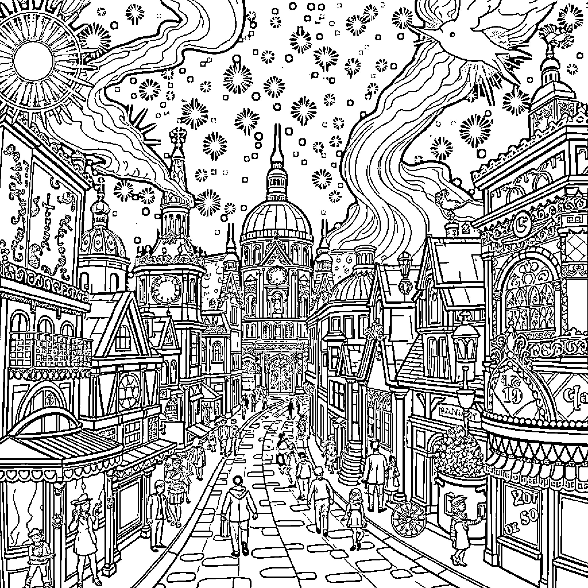 City of Whimsical Wonders and Bustling Streets Coloring Page (free black-and-white line drawing printable PDF for all, from beginners to advanced learners, including children, teens, adults, and seniors)