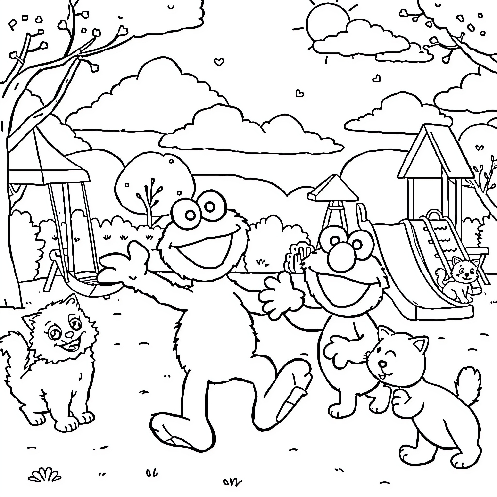 Elmo's Playful Outing with Friends at the Park Coloring Page (free black-and-white line drawing printable PDF for all, from beginners to advanced learners, including children, teens, adults, and seniors)