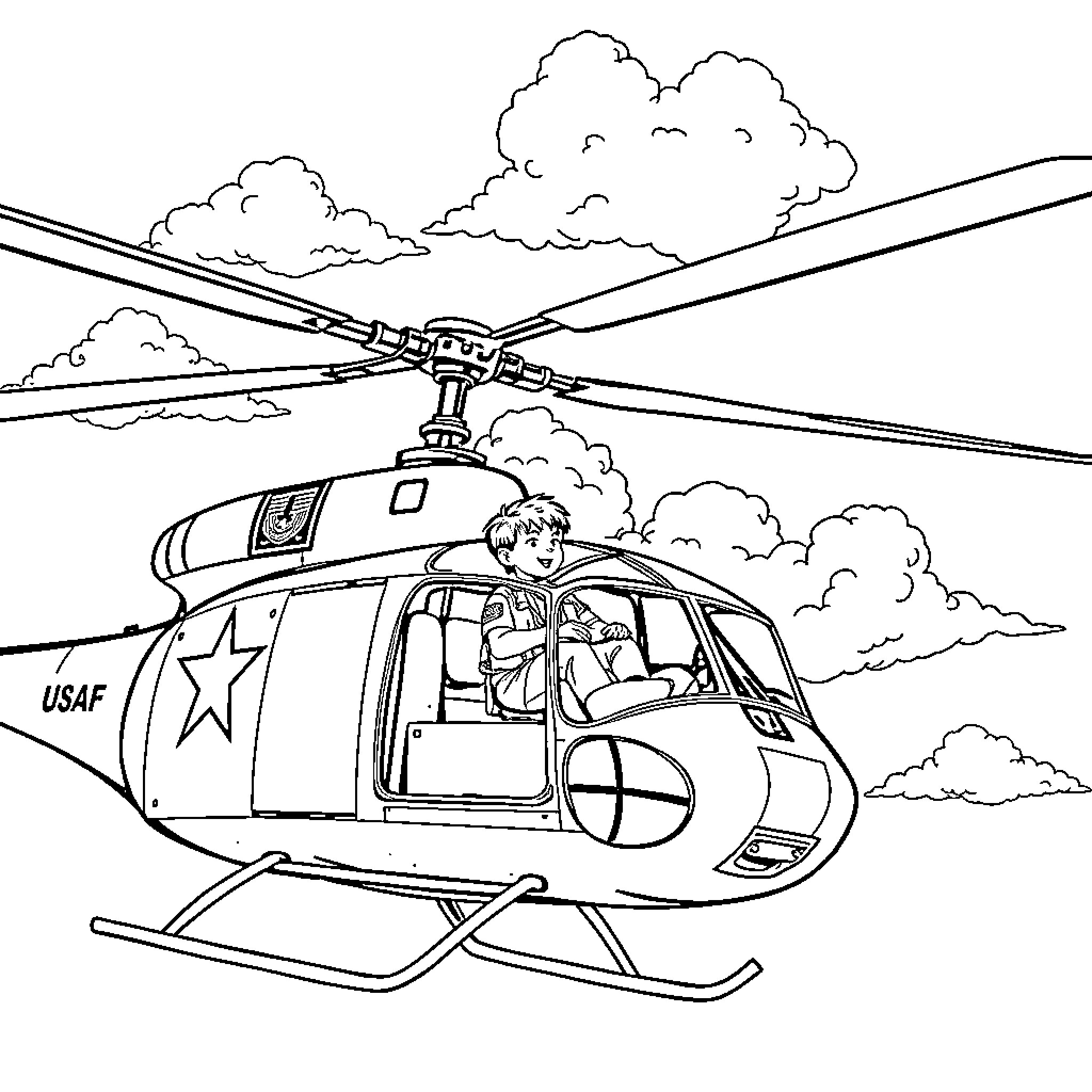 Usaf Huey helicopter in flight with pilot Coloring Page (free black-and-white line drawing printable PDF for all, from beginners to advanced learners, including children, teens, adults, and seniors)
