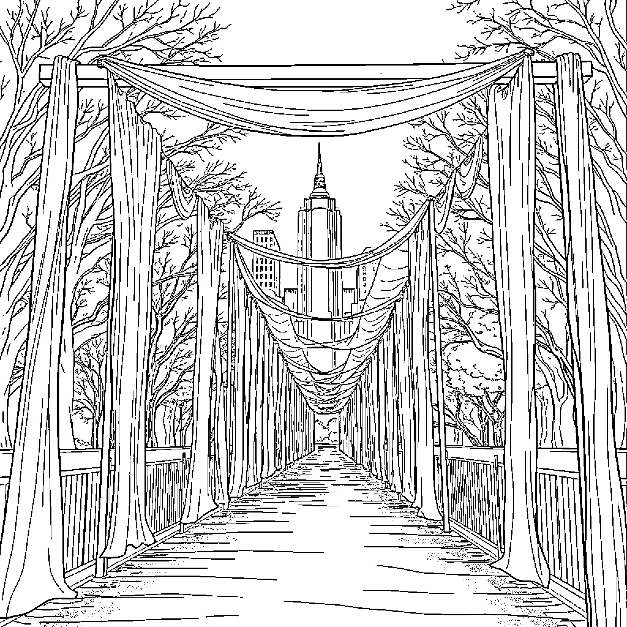Gate to the Enchanting City Skyline Coloring Page (free black-and-white line drawing printable PDF for all, from beginners to advanced learners, including children, teens, adults, and seniors)