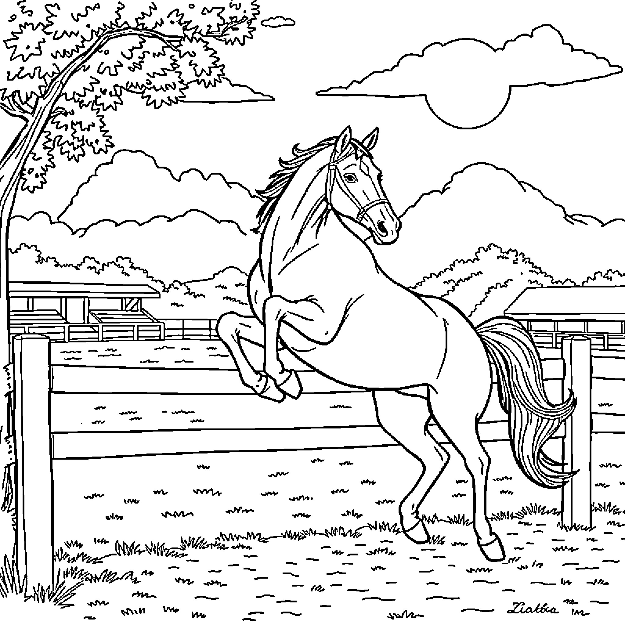 Horse running freely on a ranch Coloring Page (free black-and-white line drawing printable PDF for all, from beginners to advanced learners, including children, teens, adults, and seniors)