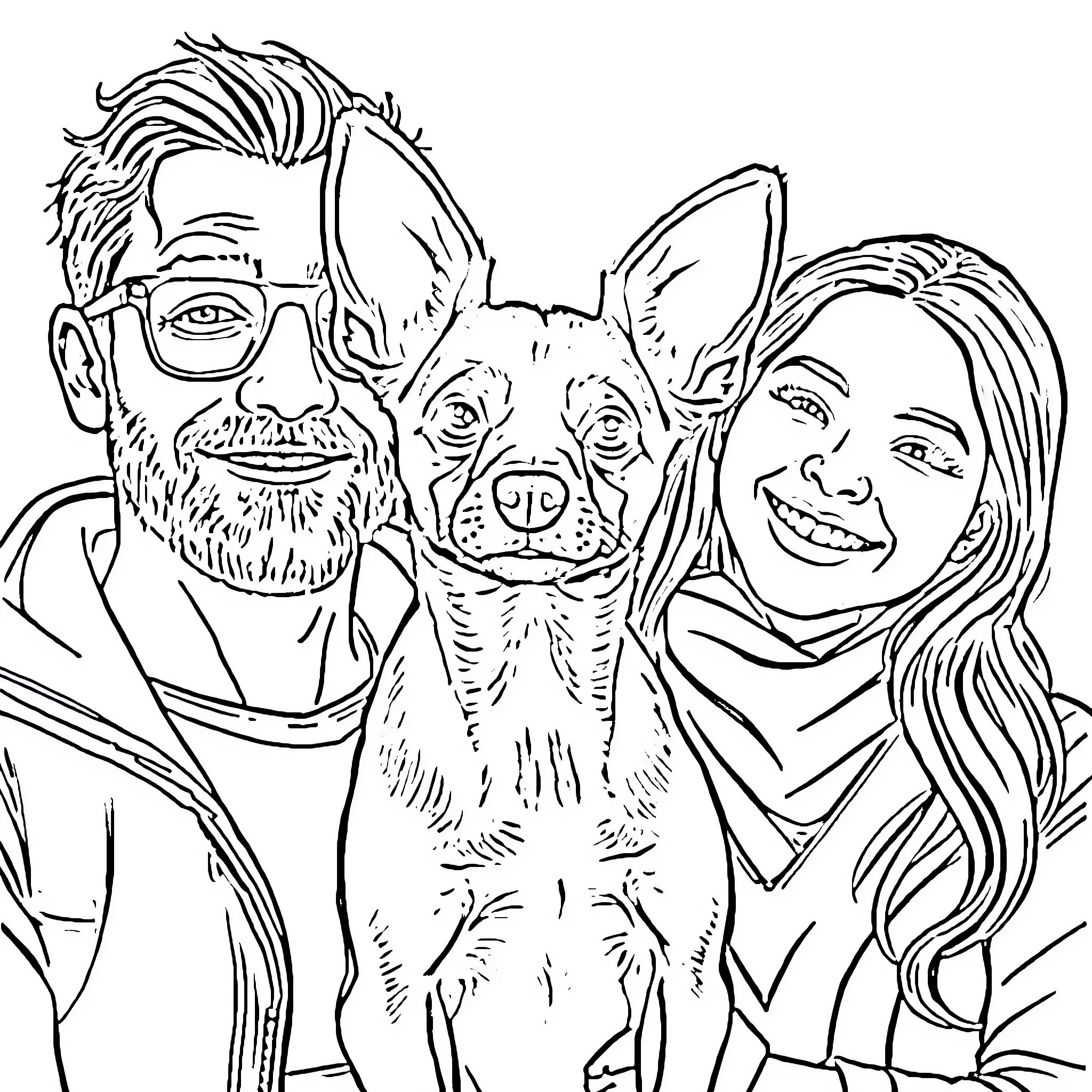 Dachshund enjoying a friendly outing with its human companions Coloring Page (free black-and-white line drawing printable PDF for all, from beginners to advanced learners, including children, teens, adults, and seniors)