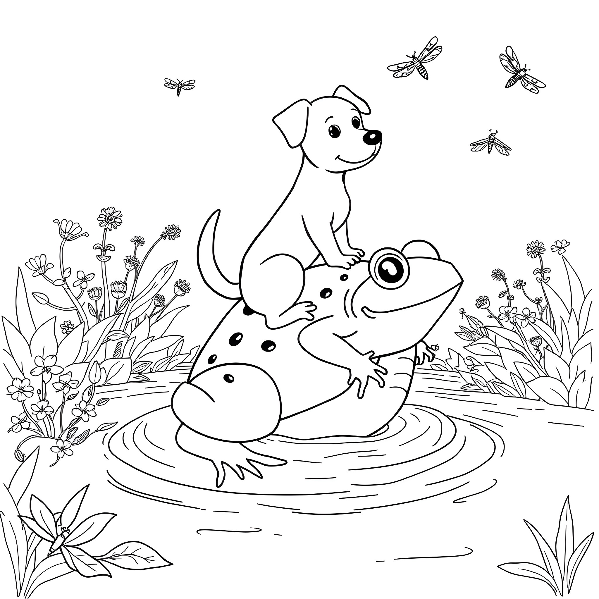 Dog playing with frog in floral field Coloring Page (free black-and-white line drawing printable PDF for all, from beginners to advanced learners, including children, teens, adults, and seniors)