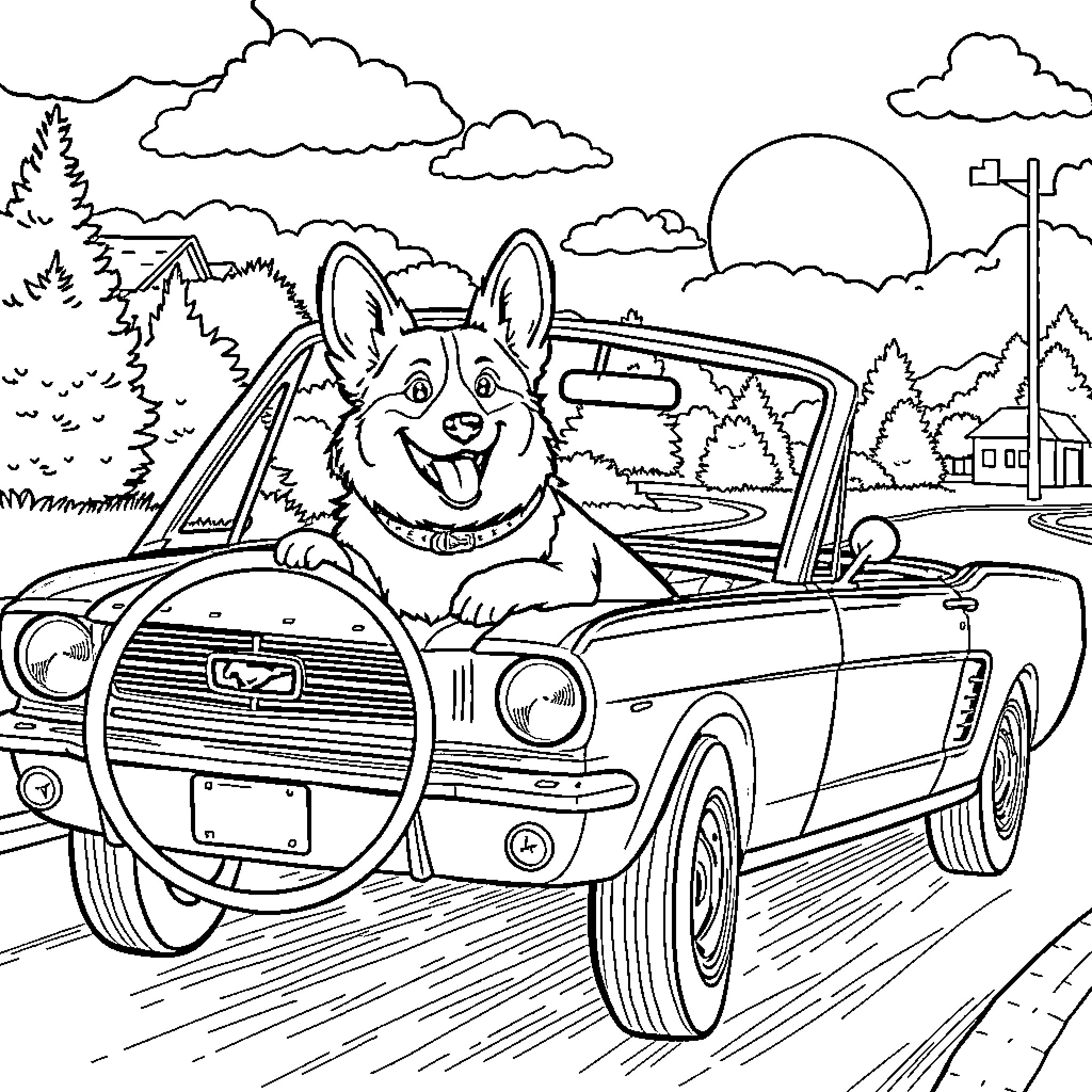 Corgi driving a classic car in nature Coloring Page (free black-and-white line drawing printable PDF for all, from beginners to advanced learners, including children, teens, adults, and seniors)