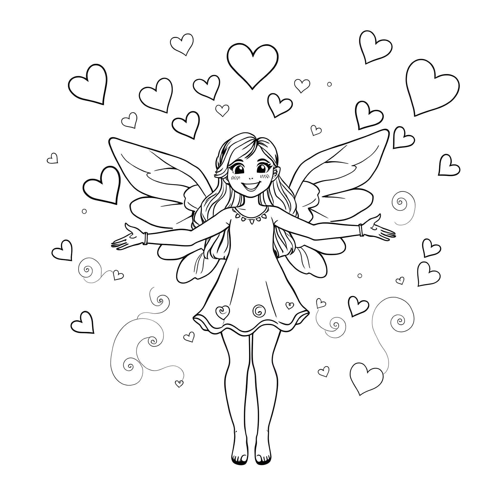 Angela, the fairy surrounded by hearts Coloring Page (free black-and-white line drawing printable PDF for all, from beginners to advanced learners, including children, teens, adults, and seniors)