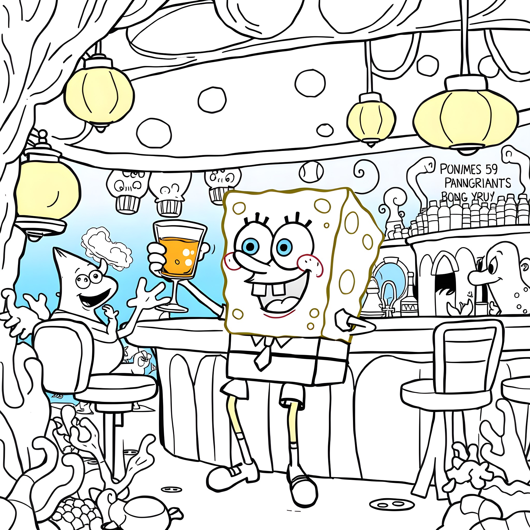 Spongebob enjoying a drink at the Krusty Krab restaurant Coloring Page (free black-and-white line drawing printable PDF for all, from beginners to advanced learners, including children, teens, adults, and seniors)